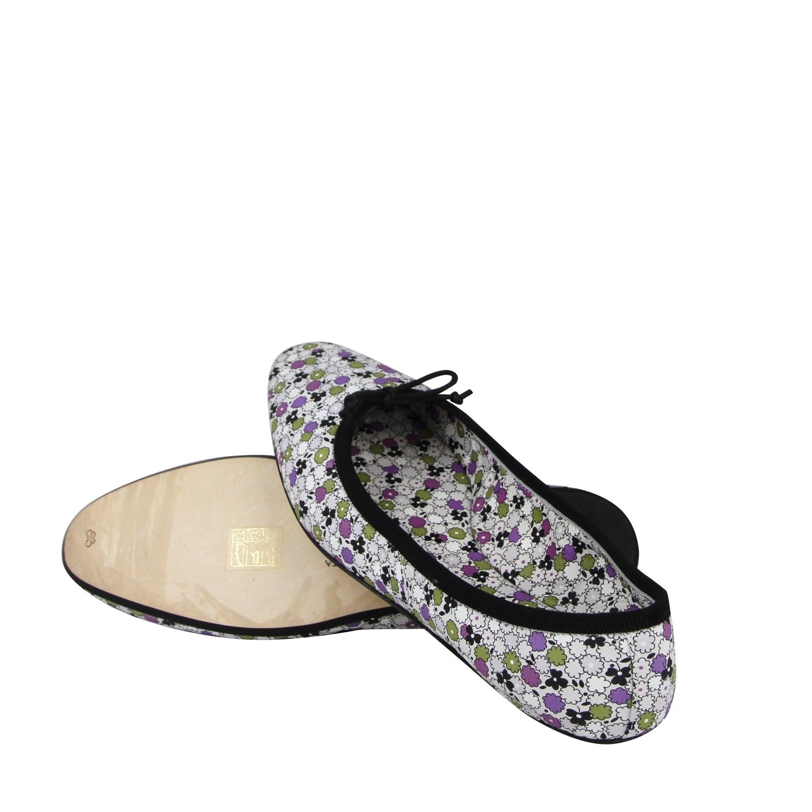 Women's Floral Green / Purple / Black Leather Ballet Flats