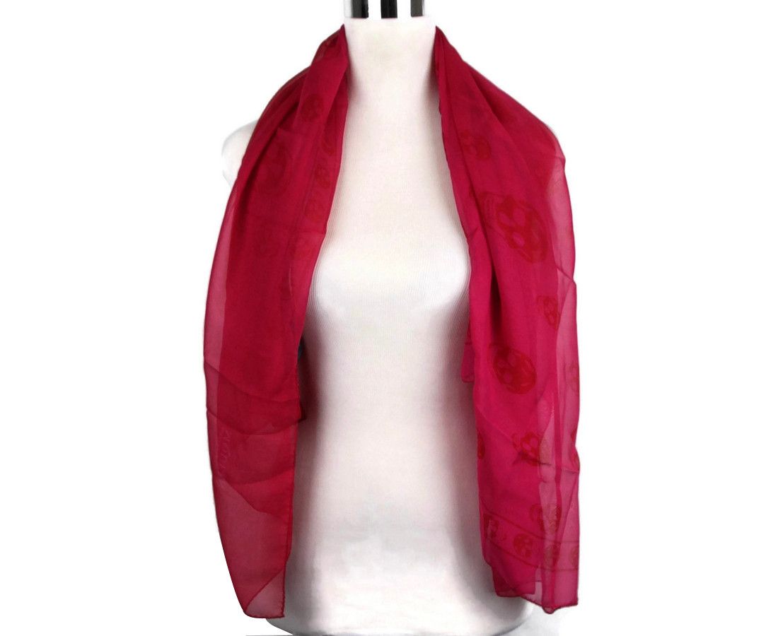 Alexander McQueen Women's Pink / Red Silk Chiffon Skull Print Scarf Size ONE SIZE - 2 Thumbnail
