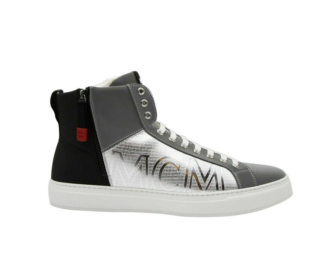 MCM Men's Silver / Black Reflective Leather Logo Hi Top Sneaker Size US 9 / EU 42 - 2 Thumbnail