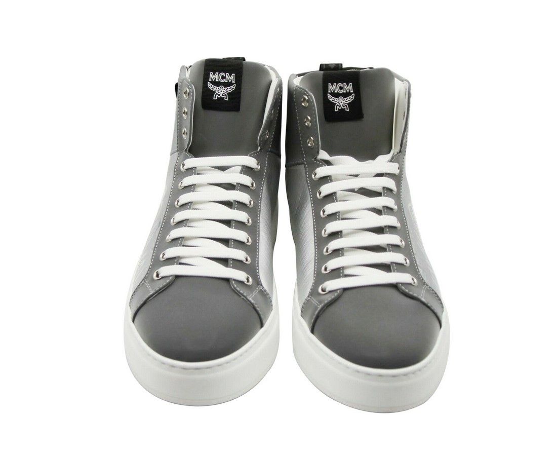 MCM Men's Silver / Black Reflective Leather Logo Hi Top Sneaker Size US 9 / EU 42 - 4 Thumbnail