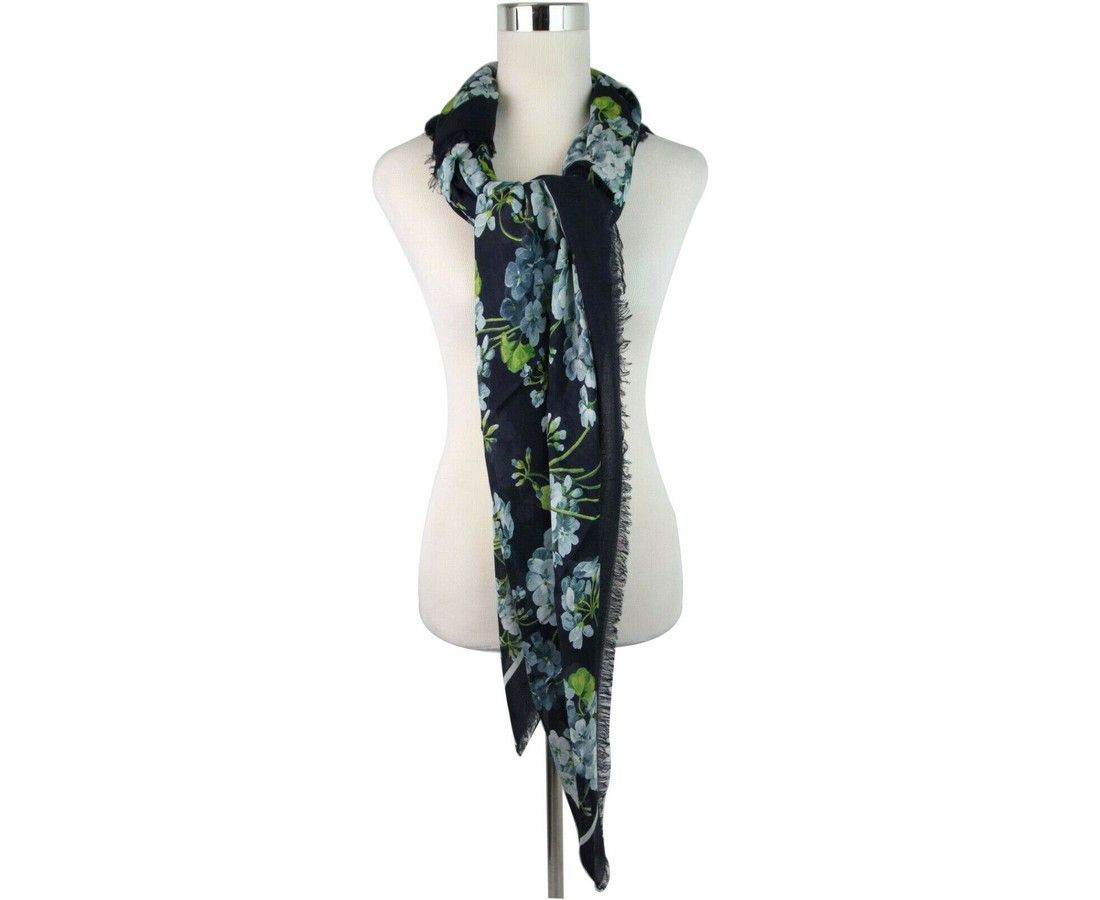 Gucci Women's Navy Blue Modal / Silk With Blue Bloom Print Scarf Size ONE SIZE - 6 Thumbnail