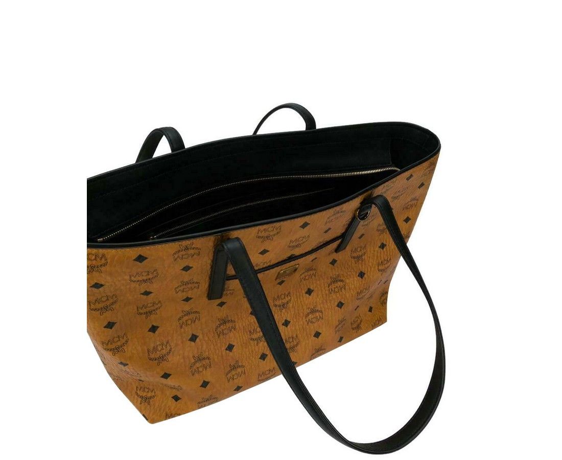 MCM Women's Cognac Brown Monogram Visetos Medium Shopper Tote Size ONE SIZE - 3 Thumbnail