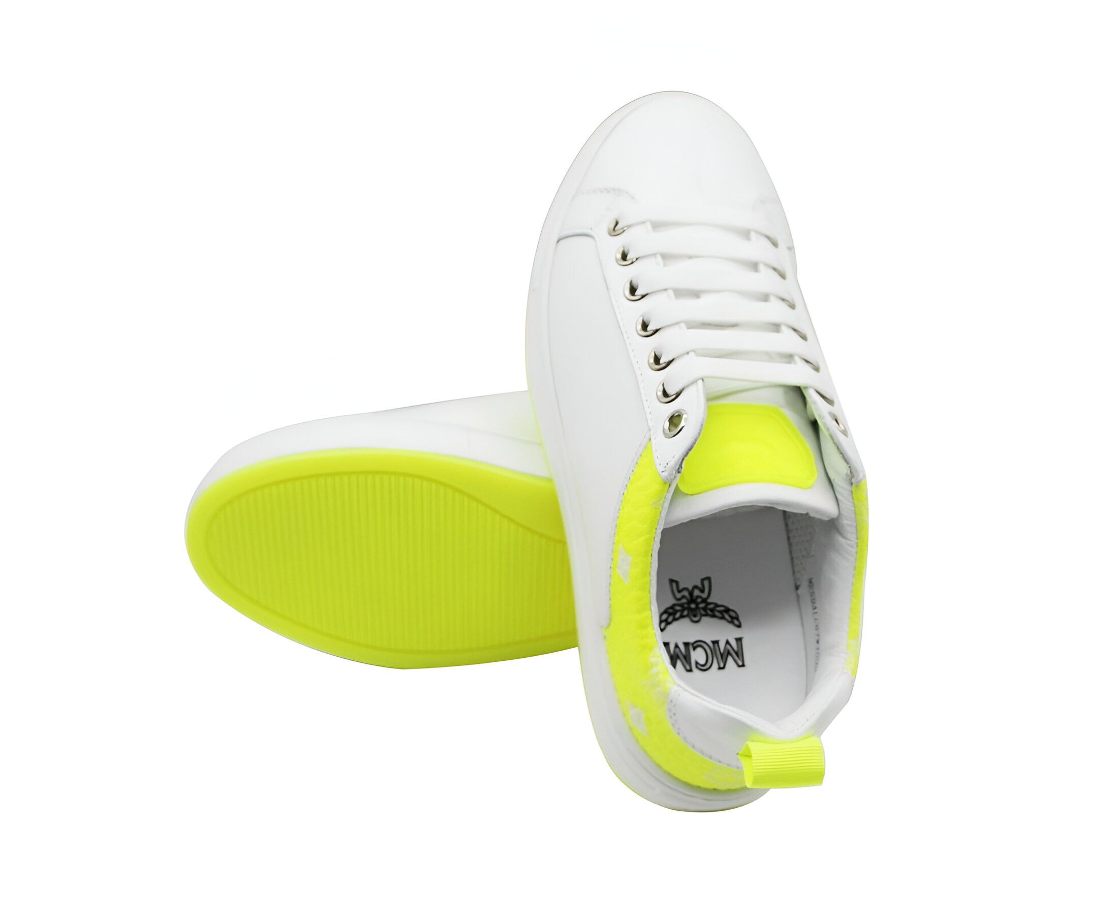 MCM Women's White Leather Neon Green Logo Trim Low Top Sneaker Size US 7 / IT 37 - 5 Thumbnail