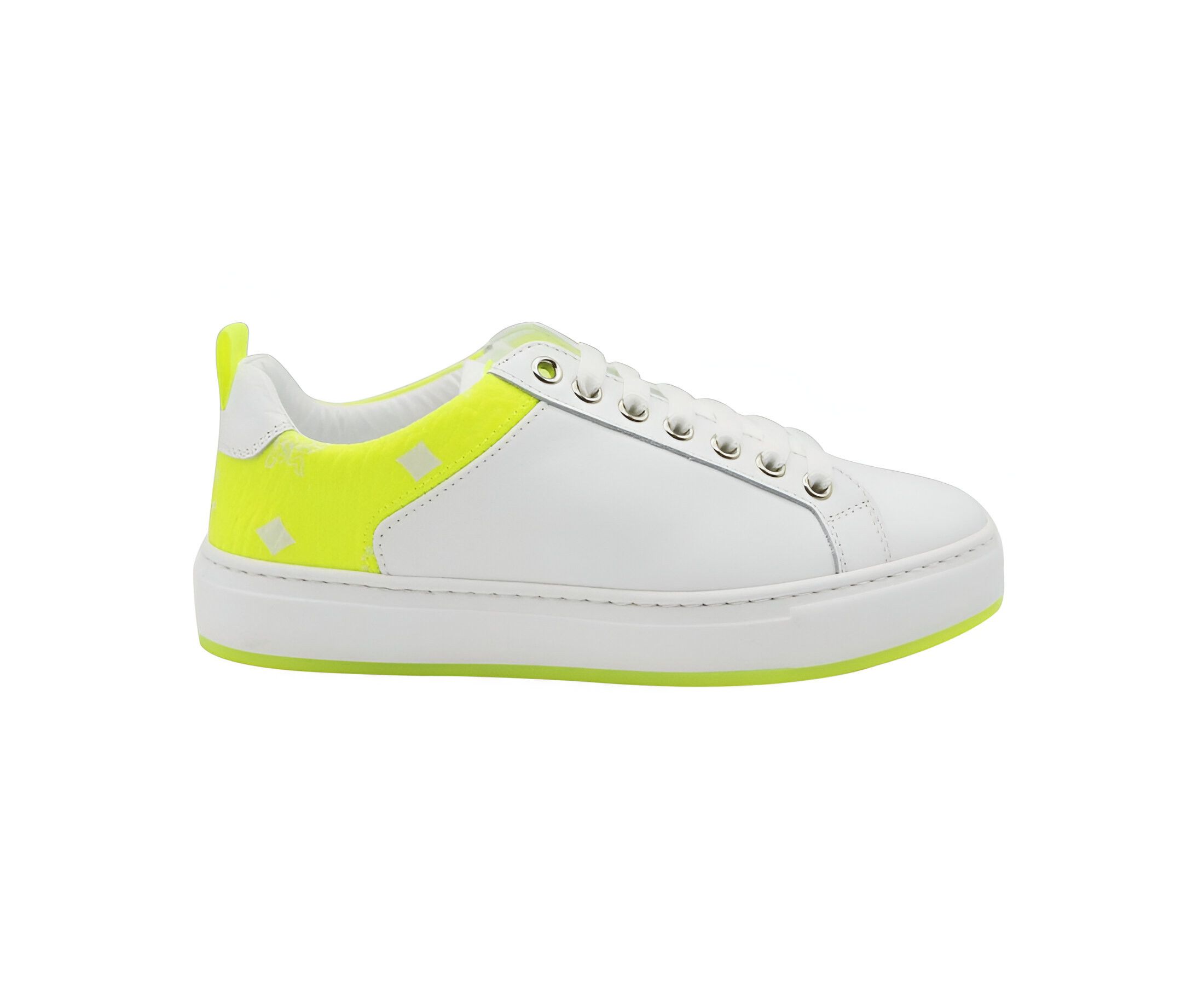 MCM Women's White Leather Neon Green Logo Trim Low Top Sneaker Size US 7 / IT 37 - 2 Thumbnail