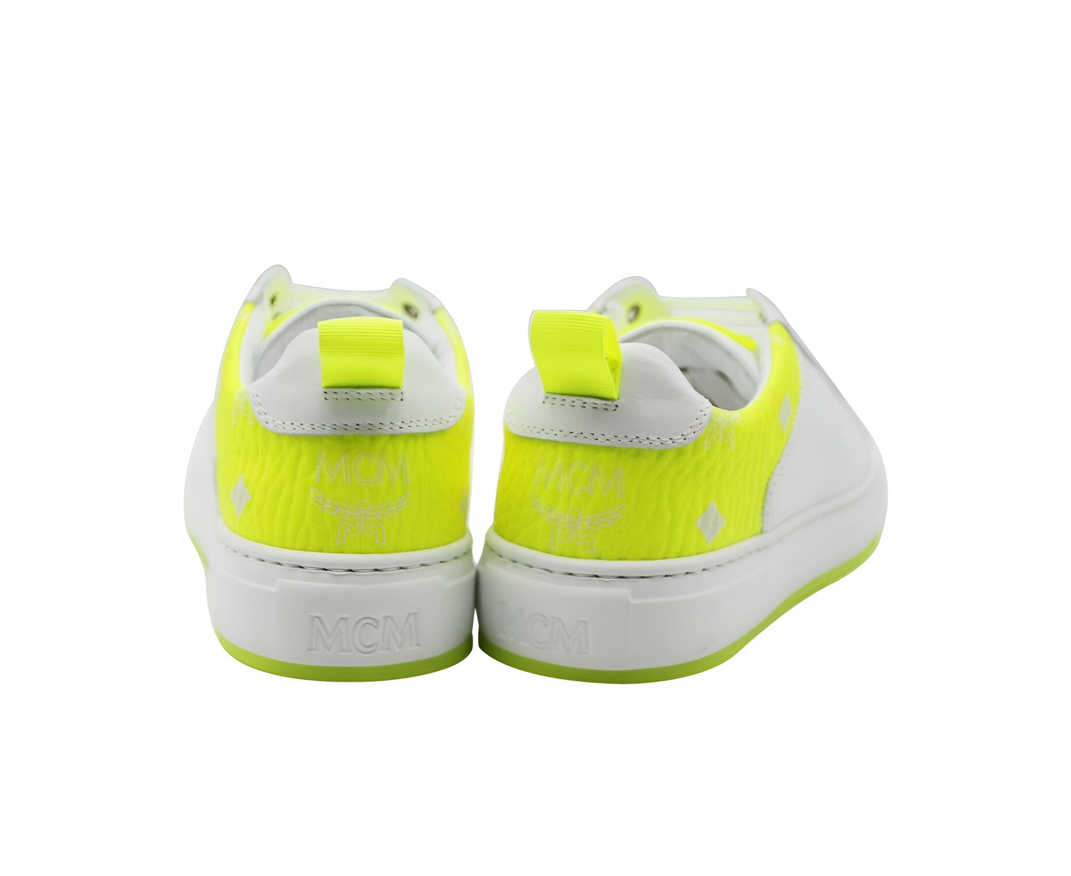 MCM Women's White Leather Neon Green Logo Trim Low Top Sneaker Size US 7 / IT 37 - 4 Thumbnail