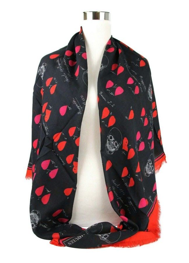Alexander McQueen Women's Black / Red Modal / Wool Petal Skull Shawl Scarf Size ONE SIZE - 5 Thumbnail
