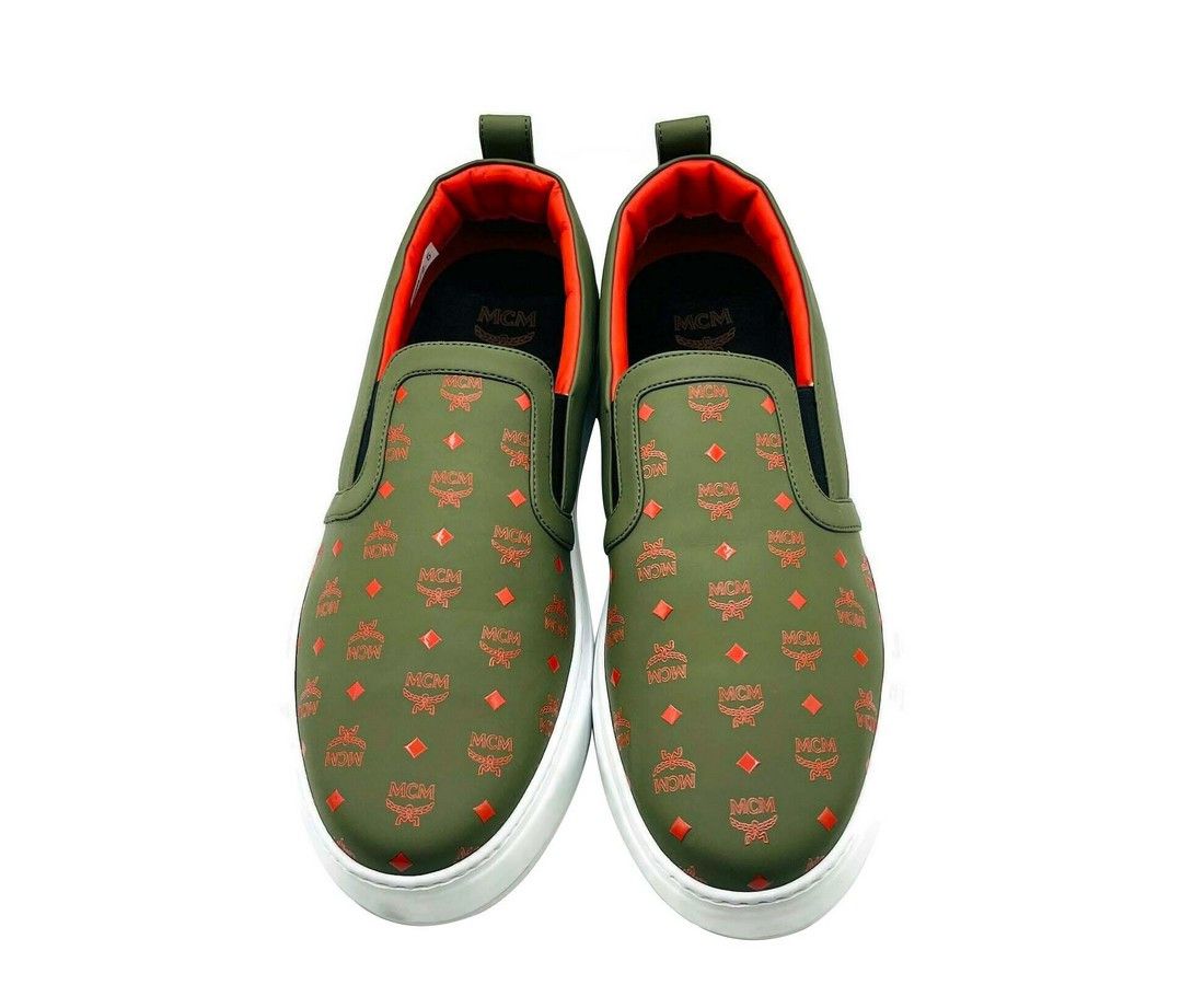 MCM Men's Moss Green Orange Logo Leather Slip On Sneaker (41 EU Size US 8 / EU 41 - 4 Thumbnail