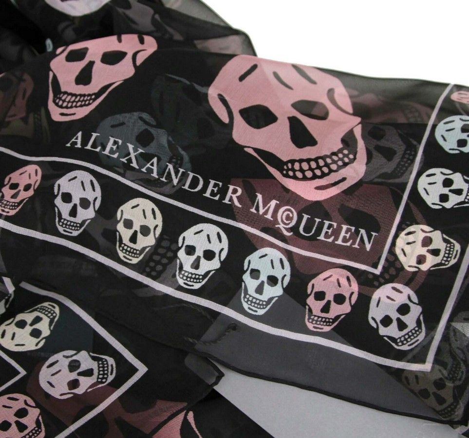 Alexander McQueen Women's Black Chiffon Silk Multiskull Box Print Shawl Size ONE SIZE - 4 Thumbnail