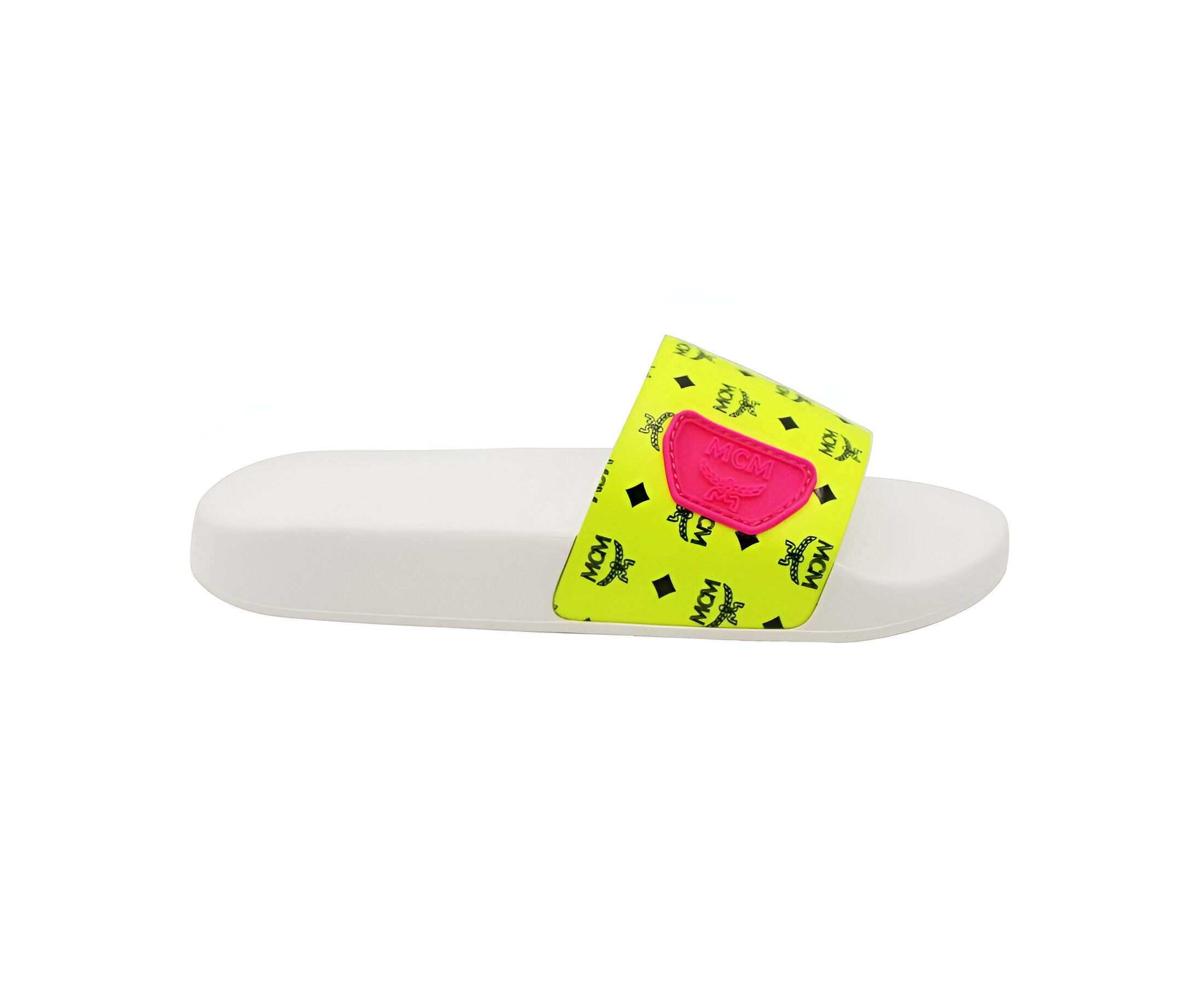 MCM Women's White / Neon Yellow Logo Leather Rubber Slides Size US 6 / IT 36 - 2 Thumbnail