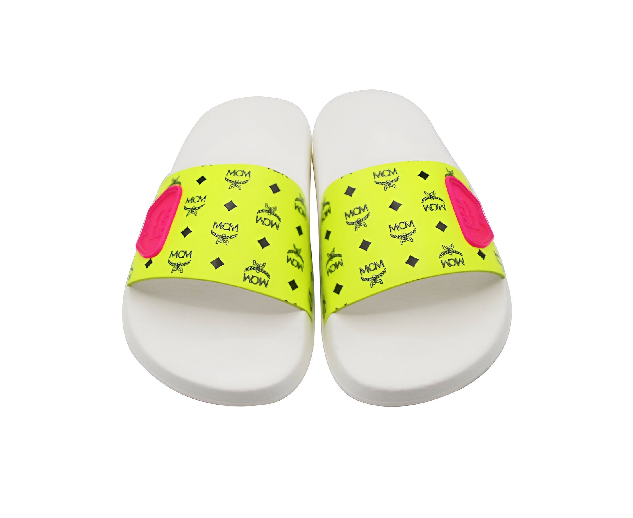 MCM Women's White / Neon Yellow Logo Leather Rubber Slides Size US 6 / IT 36 - 4 Thumbnail
