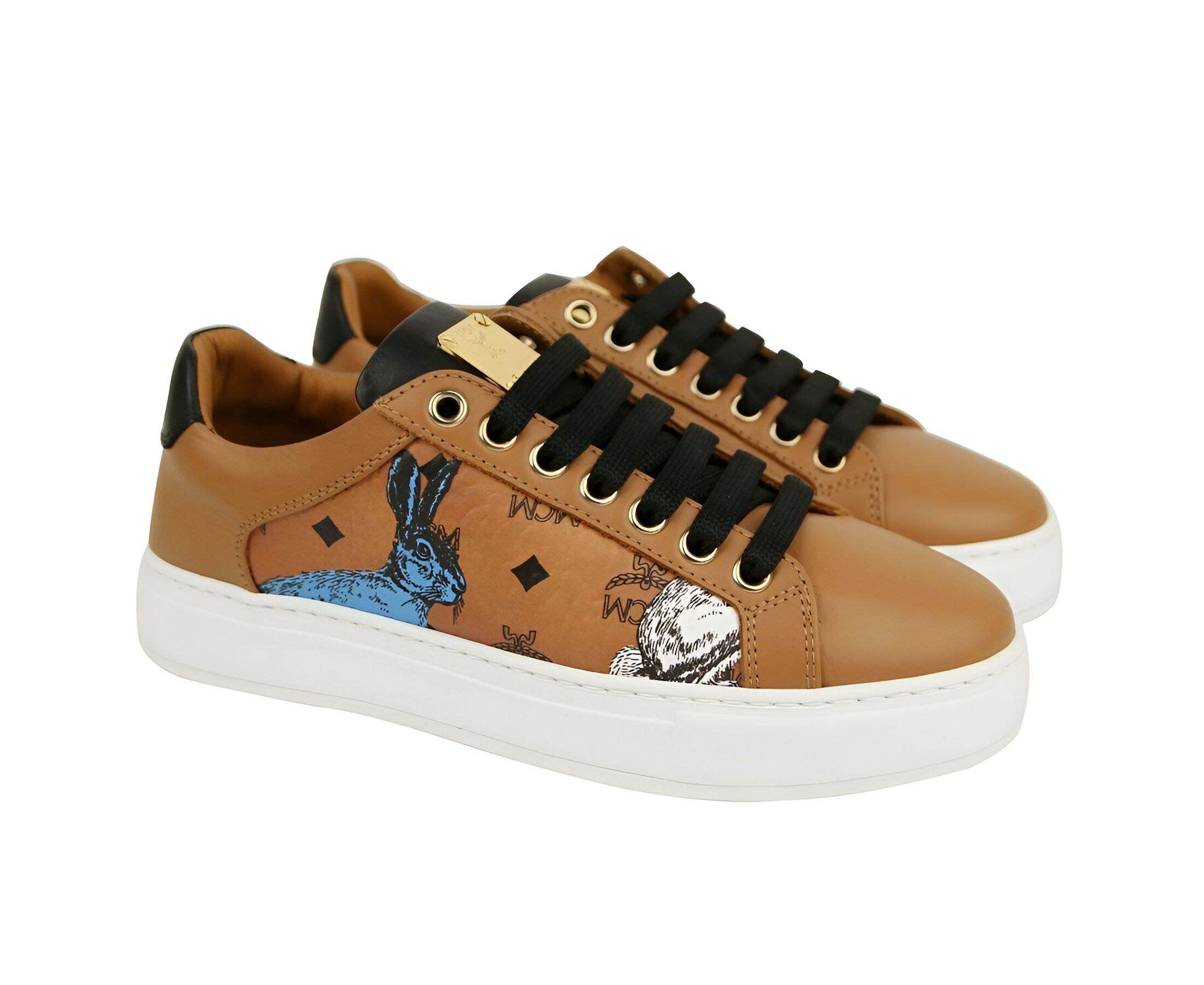 MCM Women's Cognac Brown Visetos Leather Rabbit Print Sneakers Size US 6 / IT 36 - 2 Thumbnail
