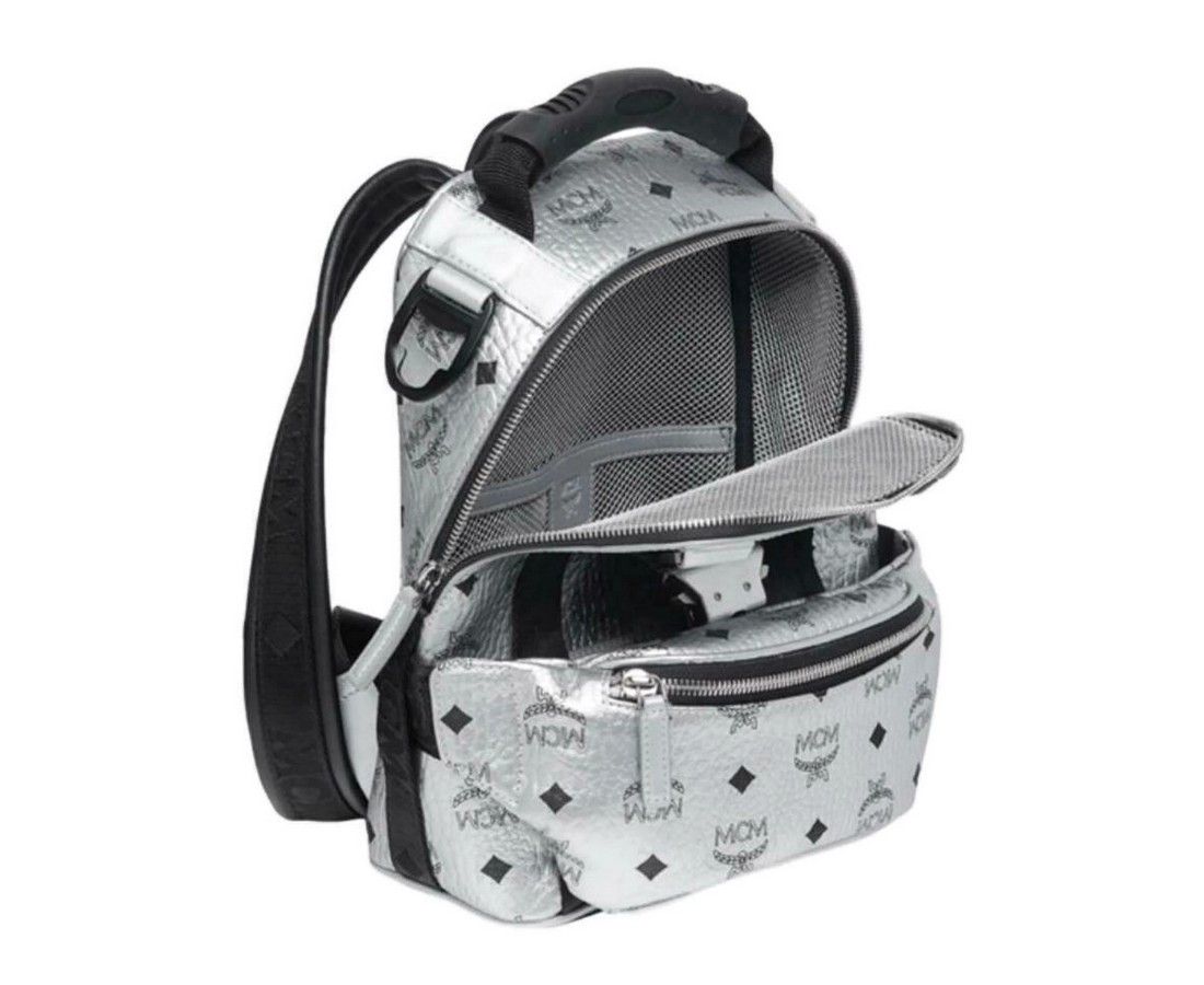 MCM Women's Berlin Silver Metallic Coated Canvas Mini Backpack Size ONE SIZE - 6 Thumbnail