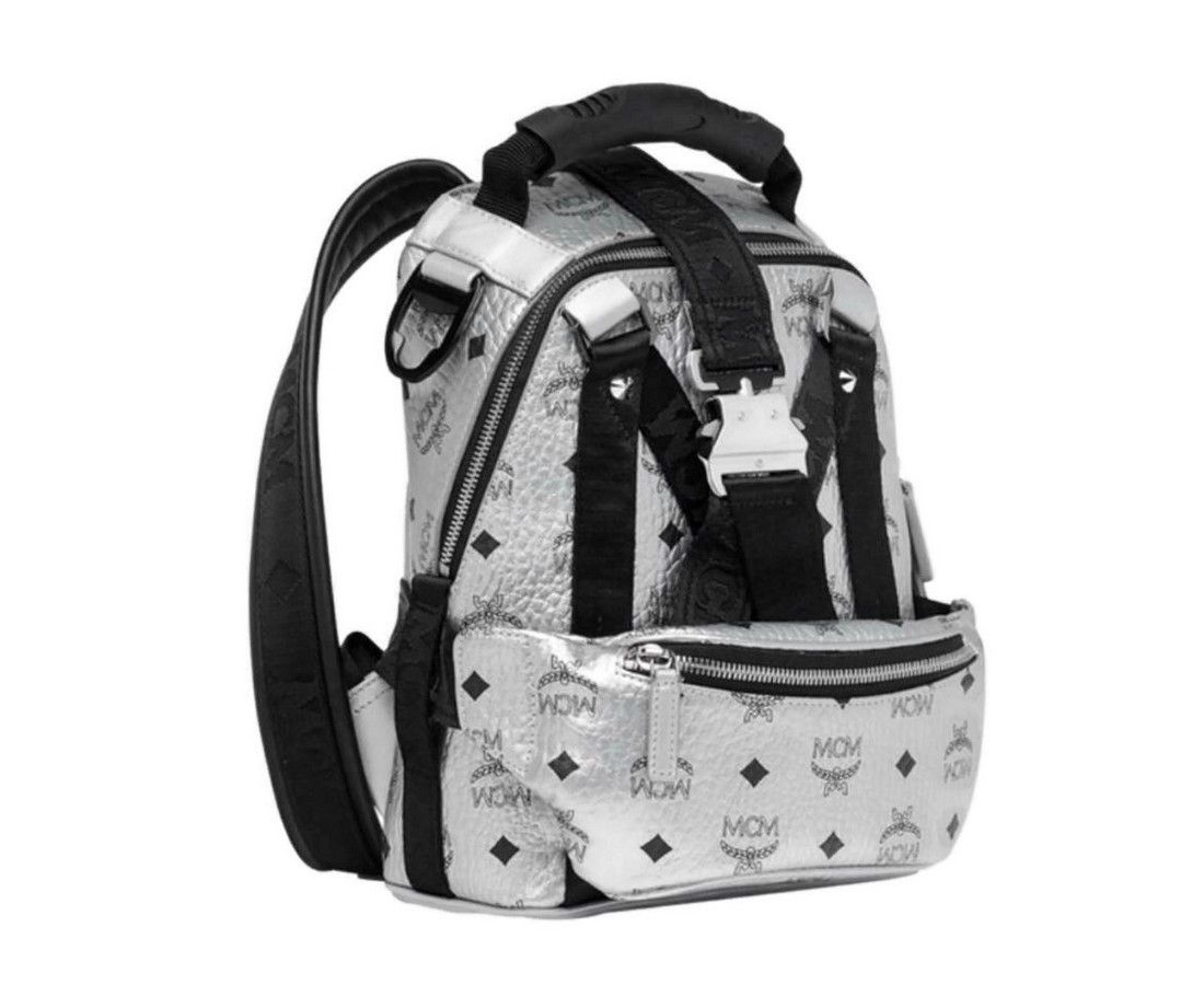 MCM Women's Berlin Silver Metallic Coated Canvas Mini Backpack Size ONE SIZE - 3 Thumbnail