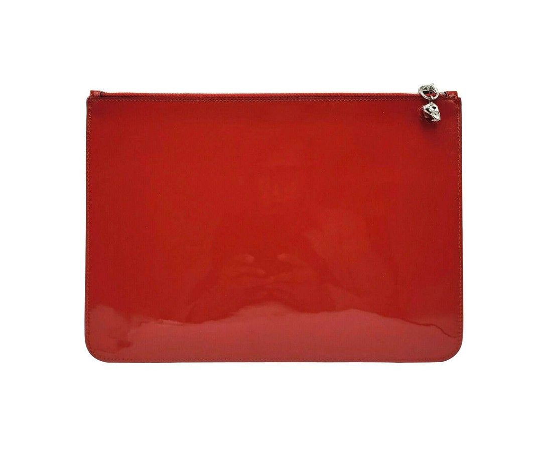 Alexander McQueen Women's Red Charm Patent Leather Silver Skull Large Pouch Size ONE SIZE - 2 Thumbnail