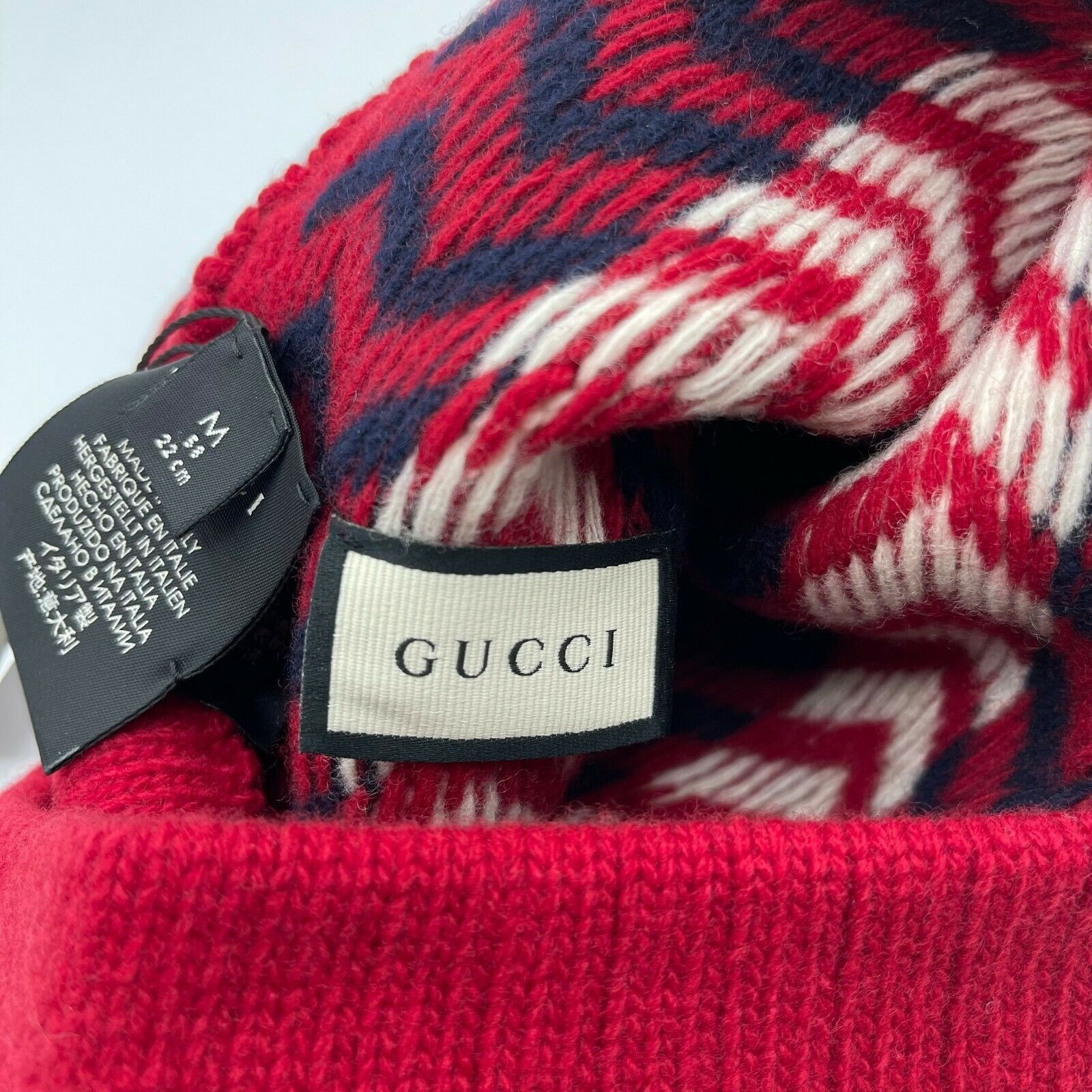 Gucci Men's Unisex Wool Red Blue Zigzag Pattern Knit Beanie Hat Size ONE SIZE - 3 Thumbnail