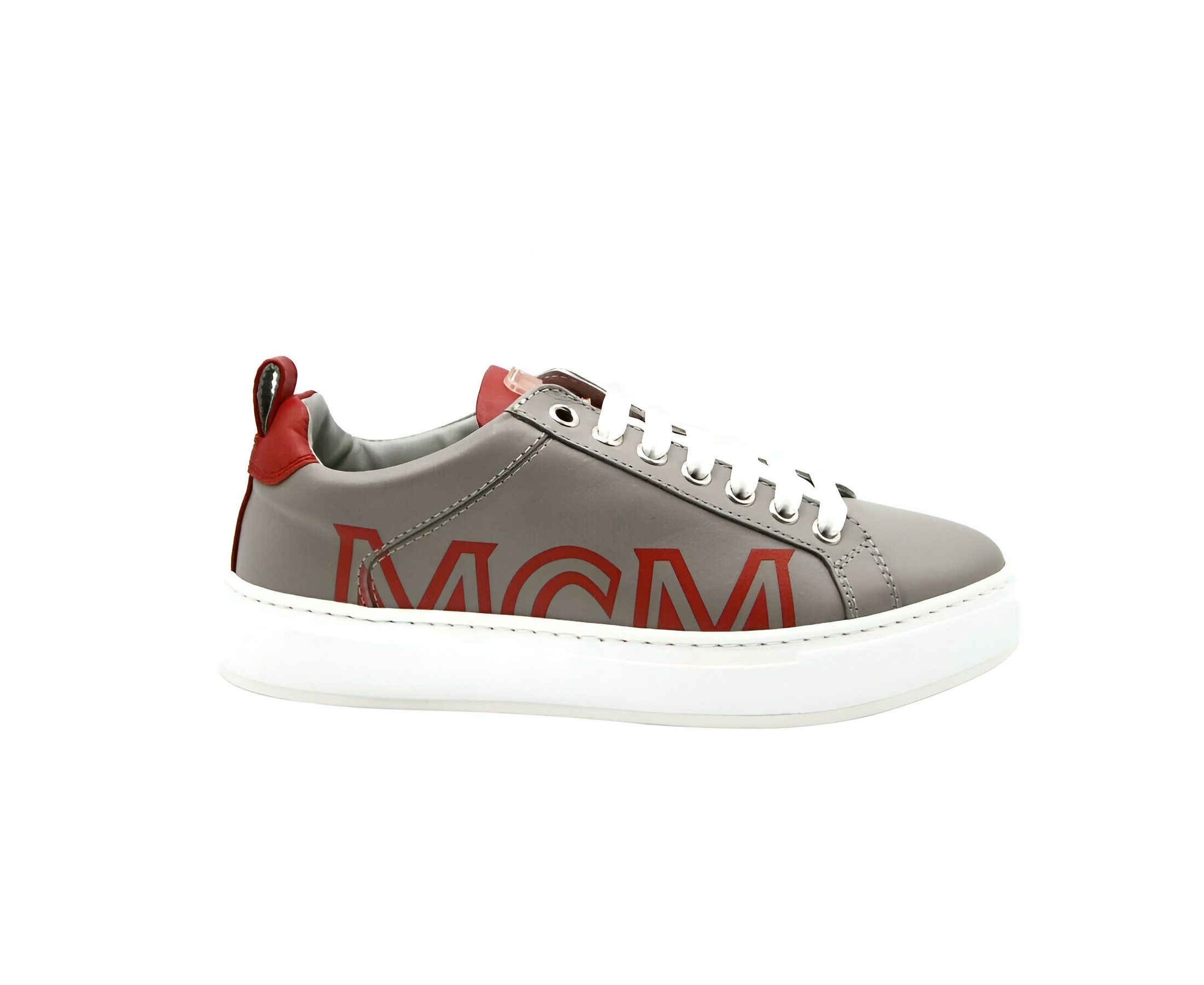 MCM Women's Grey Leather With Red Trim And Logo Low Top Sneaker Size US 6 / IT 36 - 2 Thumbnail