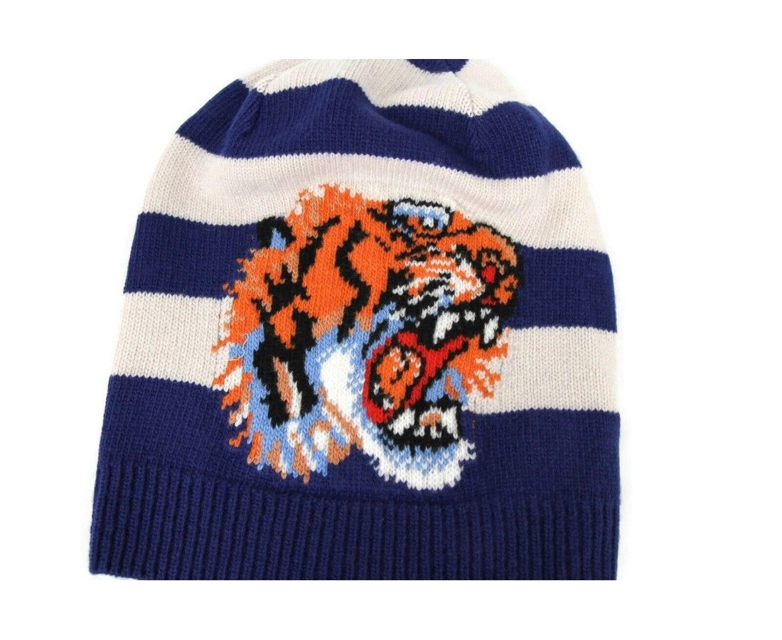 Gucci Men's Blue / White Striped Wool Knit Beanie Hat With Tiger Size ONE SIZE - 2 Thumbnail