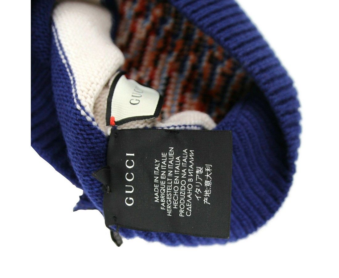 Gucci Men's Blue / White Striped Wool Knit Beanie Hat With Tiger Size ONE SIZE - 5 Thumbnail