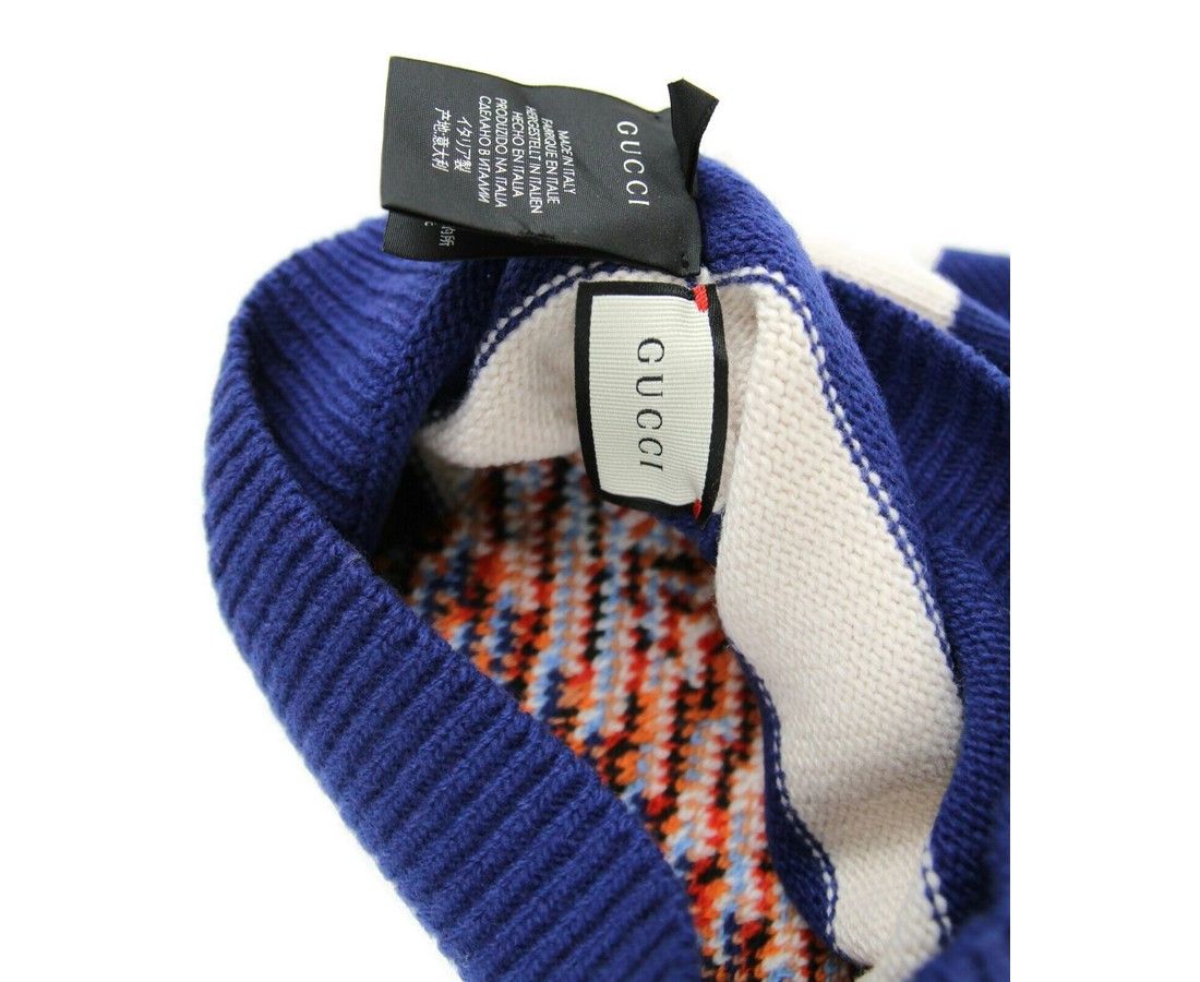 Gucci Men's Blue / White Striped Wool Knit Beanie Hat With Tiger Size ONE SIZE - 4 Thumbnail