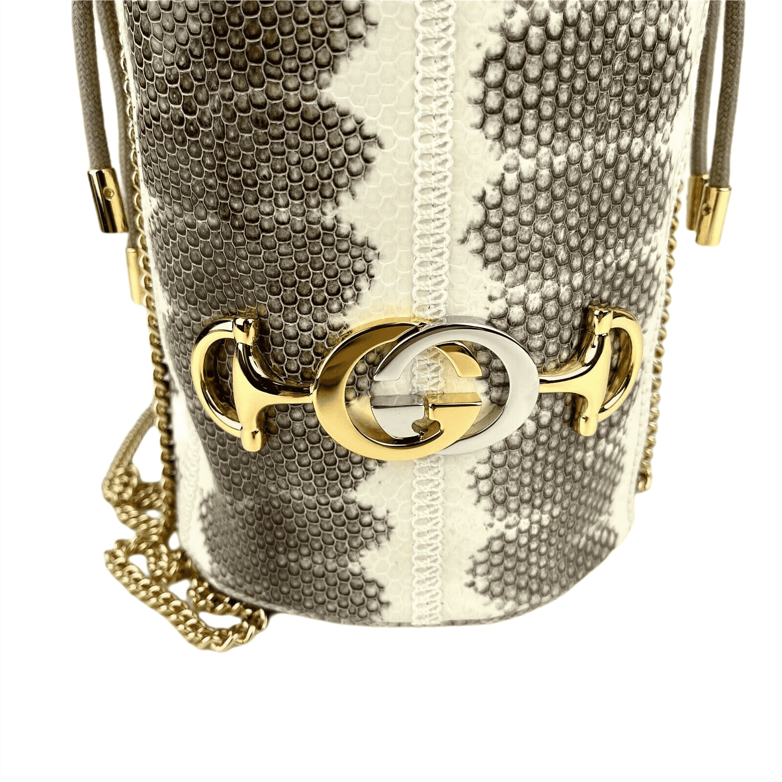 Gucci Zumi White/Gray Snakeskin Mini Drawstring Bucket Chain Bag Size ONE SIZE - 3 Thumbnail