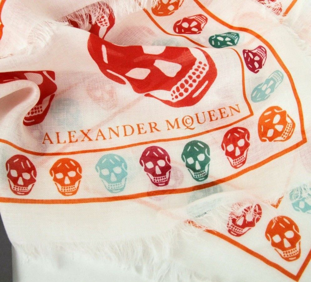 Alexander McQueen Women's Ivory / Orange Shawl With Multiskull Box Print Size ONE SIZE - 4 Thumbnail