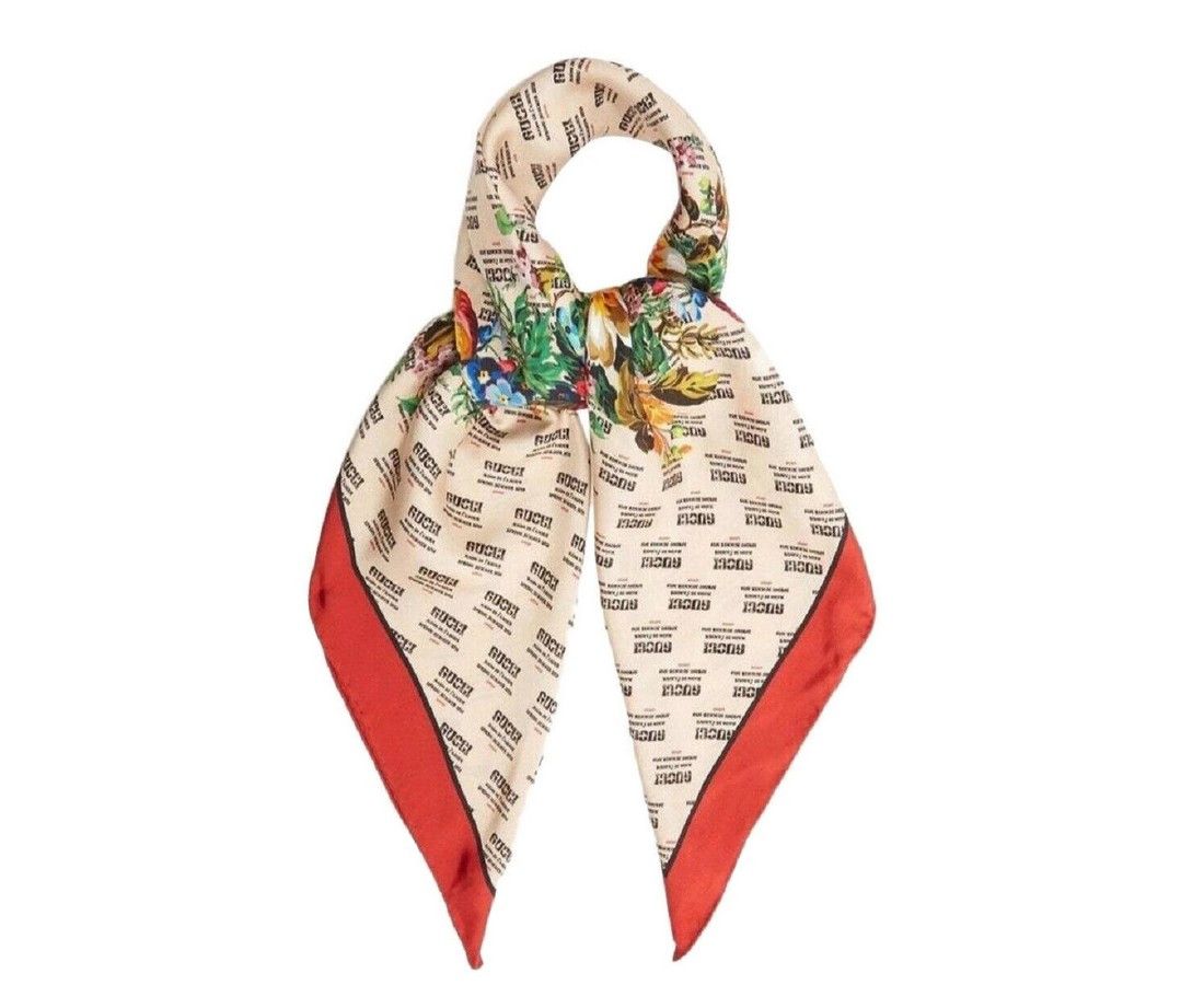Gucci Women's Beige Monogram Logo Print Red Flower Motif Silk Size ONE SIZE - 2 Thumbnail