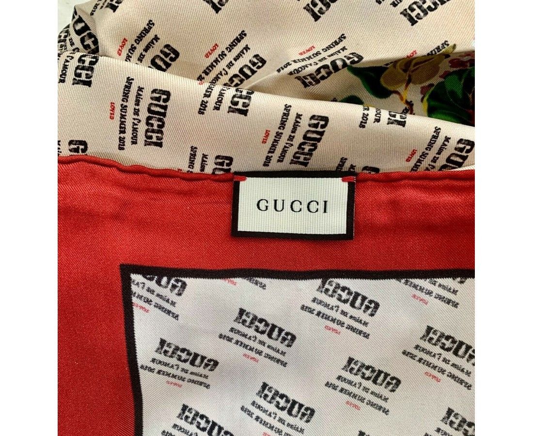 Gucci Women's Beige Monogram Logo Print Red Flower Motif Silk Size ONE SIZE - 5 Thumbnail
