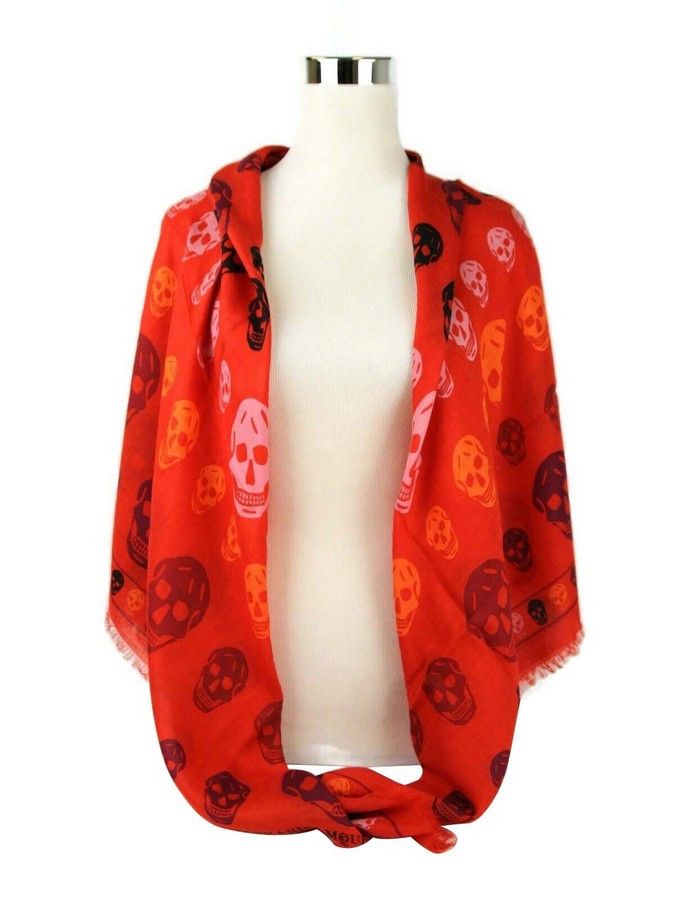 Alexander McQueen Women's Red Modal / Wool Multiskull Box Print Shawl Scarf Size ONE SIZE - 5 Thumbnail