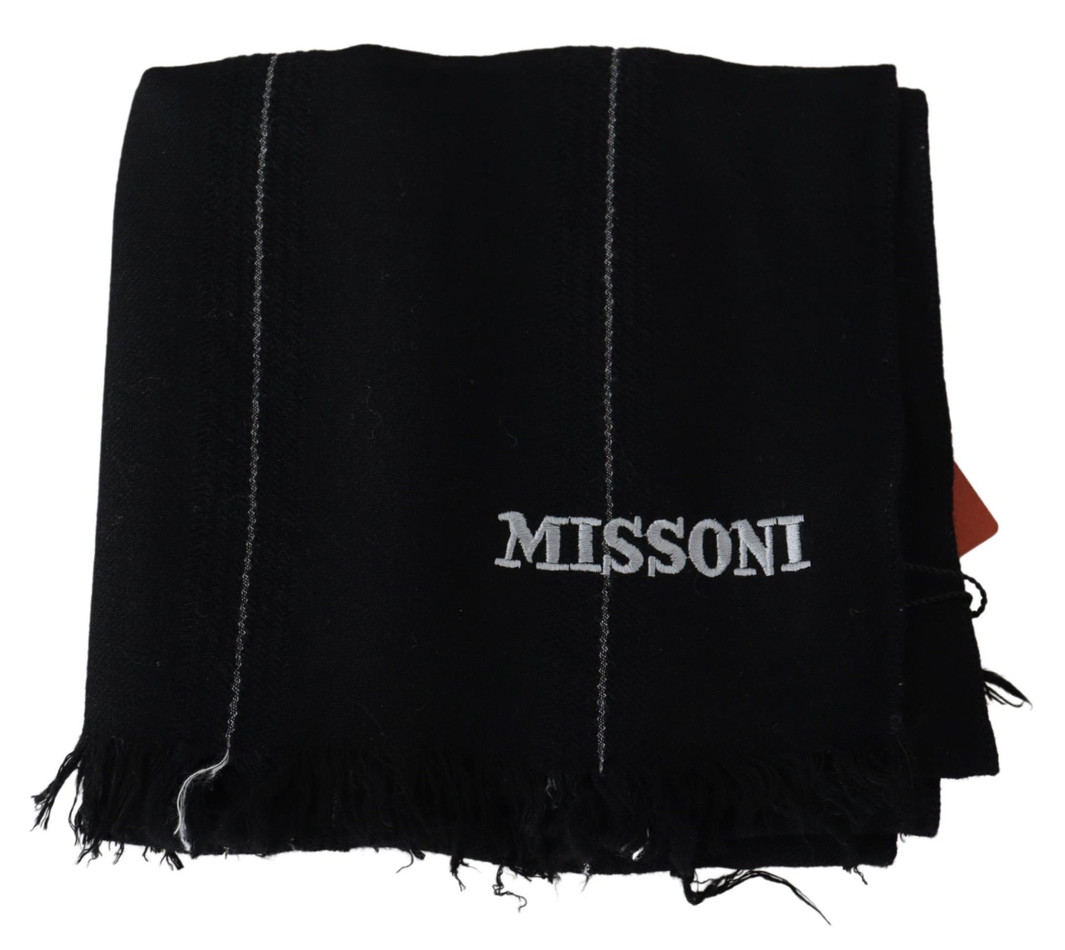 Elegant Black Wool Scarf with Logo Men's Embroidery