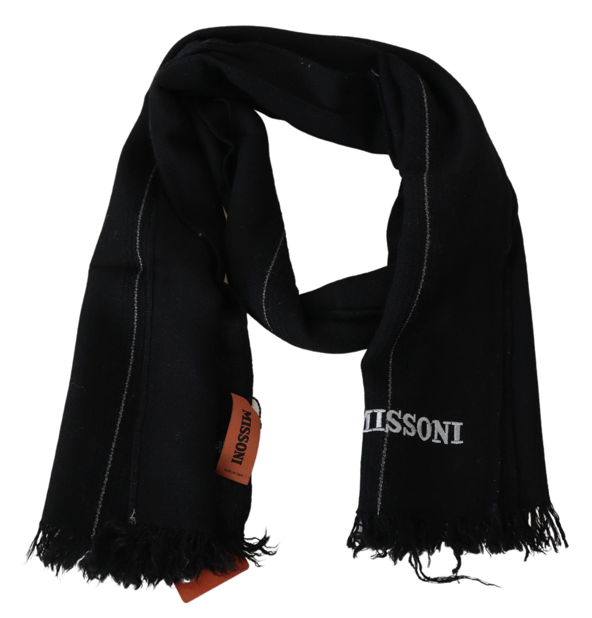 Elegant Black Wool Scarf with Logo Men's Embroidery