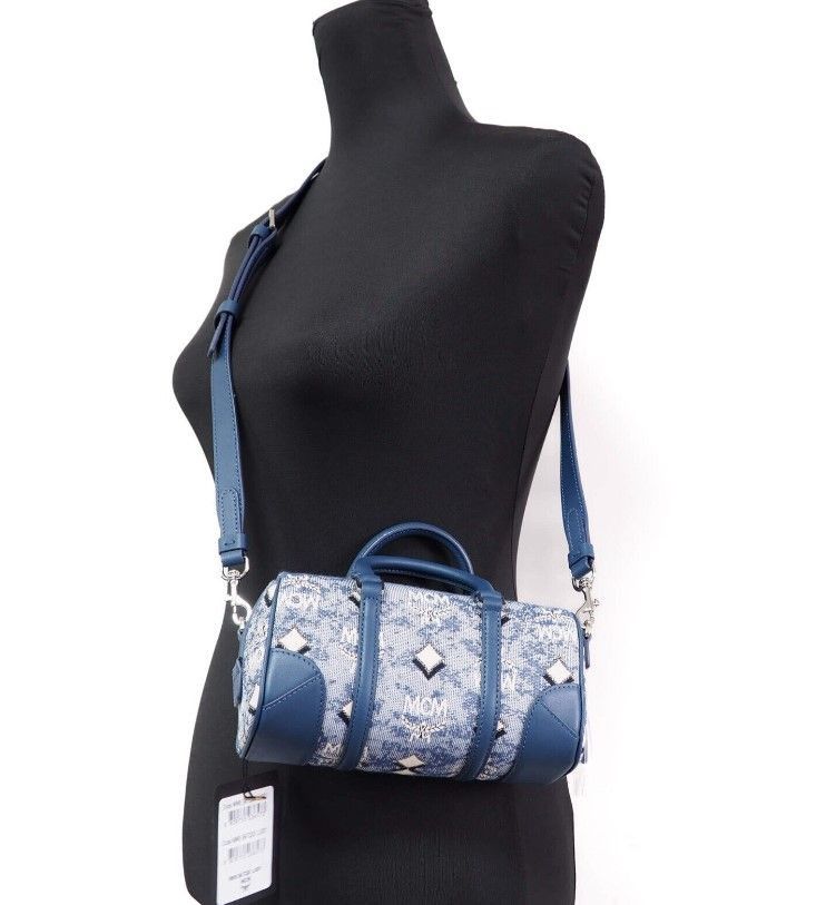 MCM Boston Mini Blue Vintage Jacquard Logo Fabric Satchel Size ONE SIZE - 2 Thumbnail