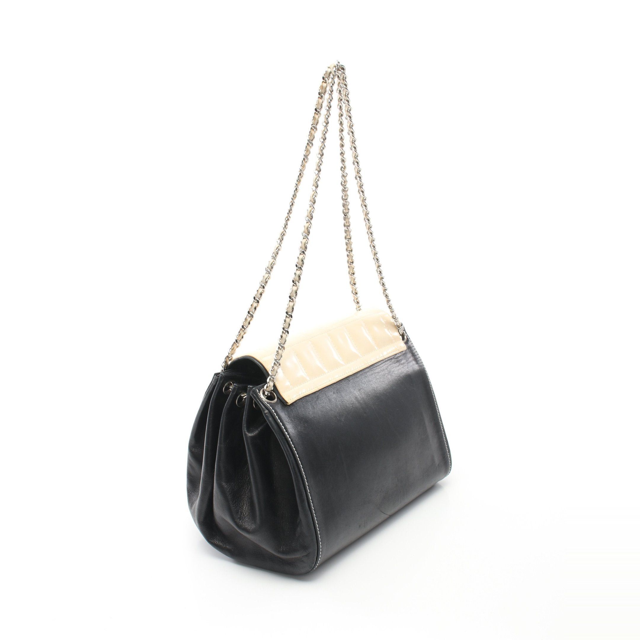 Chanel Chanel 2.55 Chocolate Bar Double Chain Shoulder Bag Lambskin Patent Leather Black Light Beige Silver Hardware Size ONE SIZE - 2 Thumbnail
