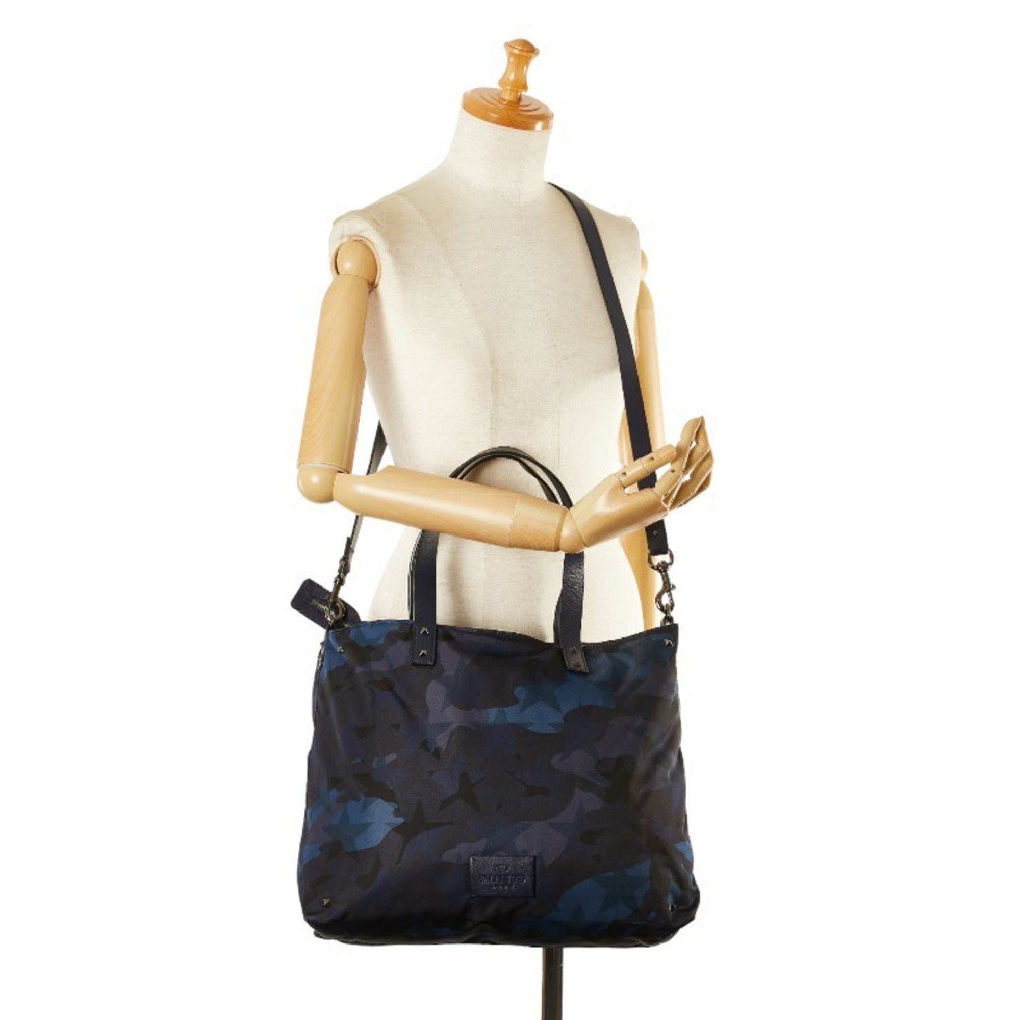 Valentino Valentino Studded Camouflage Motif Tote Bag Shoulder Navy Blue Multicolor Nylon Leather Women's Size ONE SIZE - 10 Thumbnail