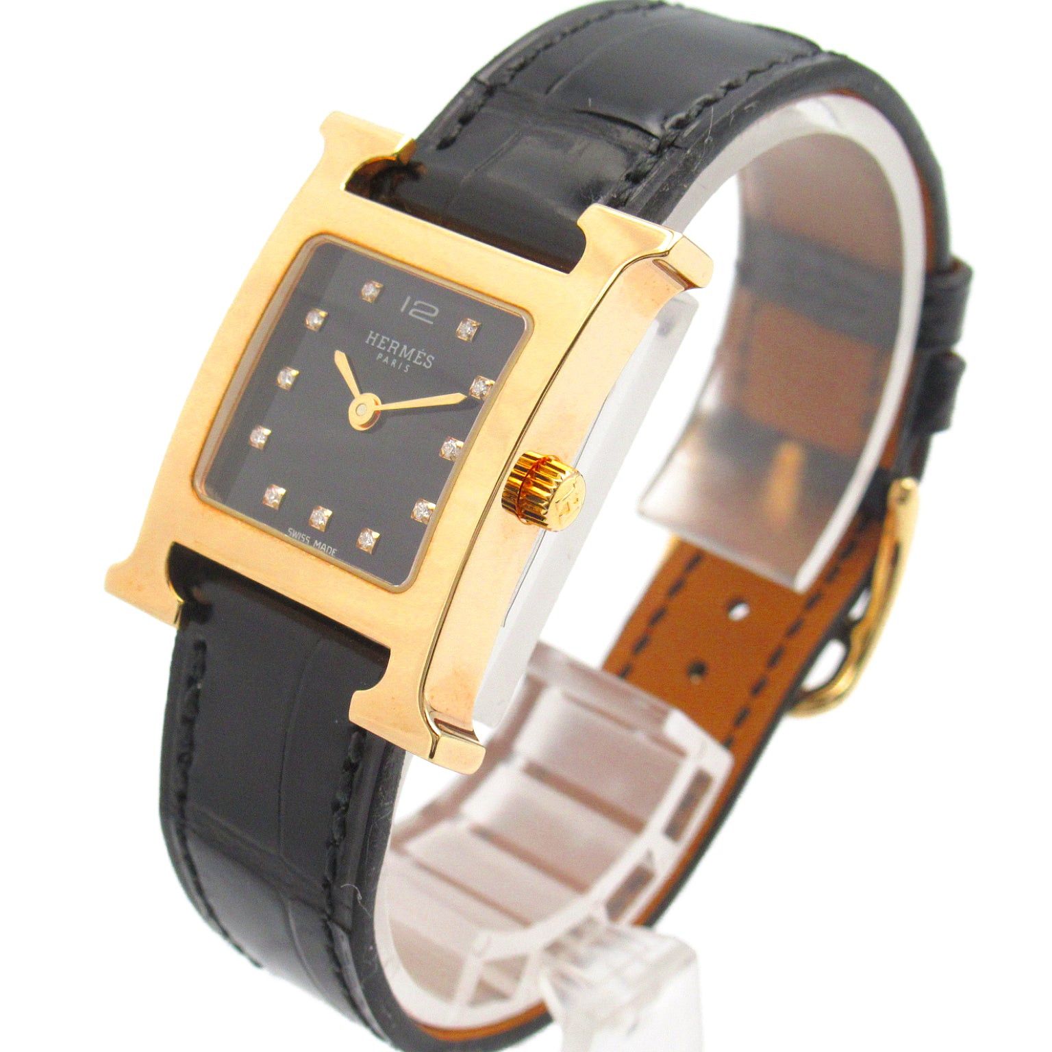 Hermes Hermes H Watch 11P Diamond Women Quartz Gp (Gold Plated) Leather Black Size ONE SIZE - 3 Thumbnail