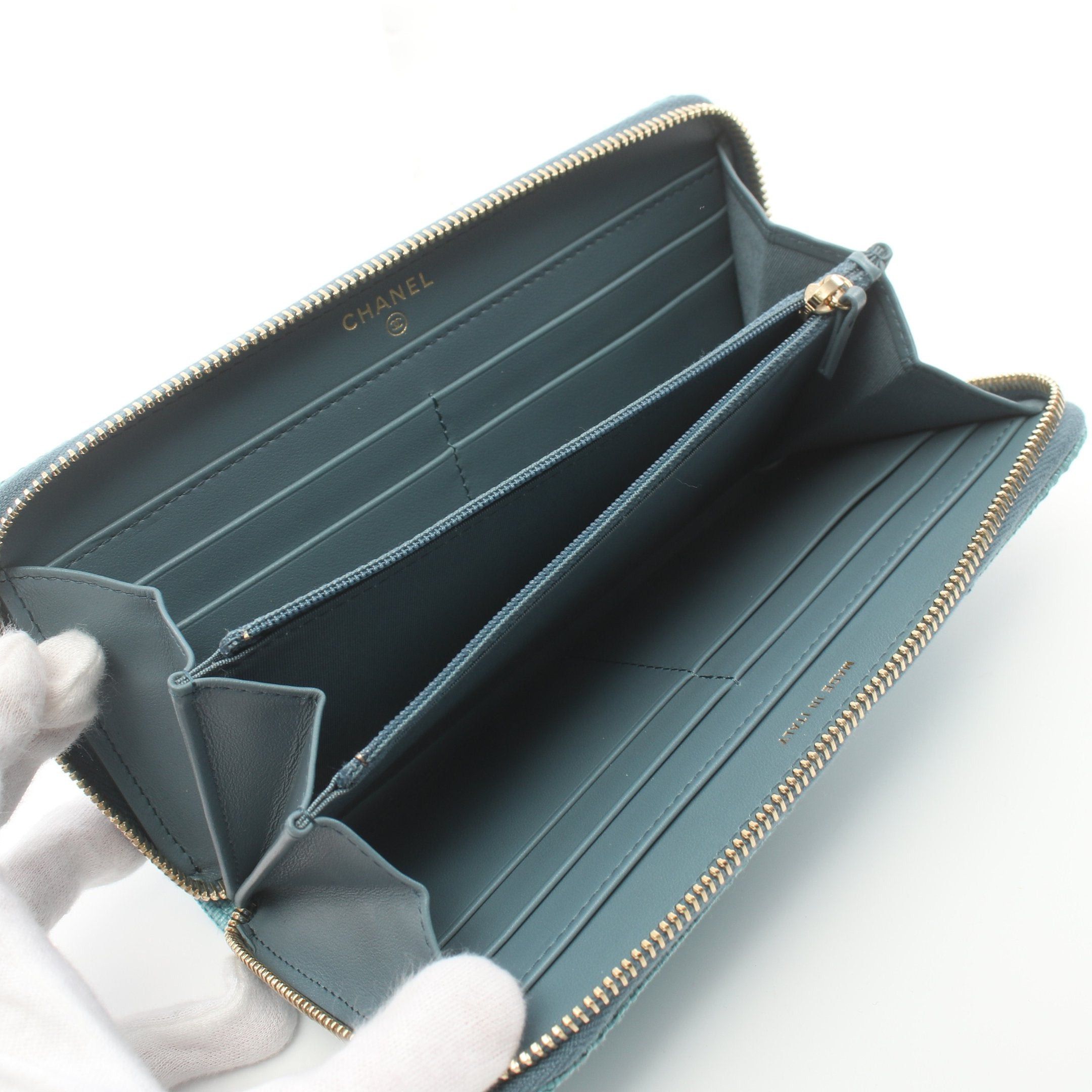 Chanel Chanel Deauville Stripe Round Zipper Long Wallet Fabric Leather Turquoise Blue Gold Hardware Size ONE SIZE - 3 Thumbnail