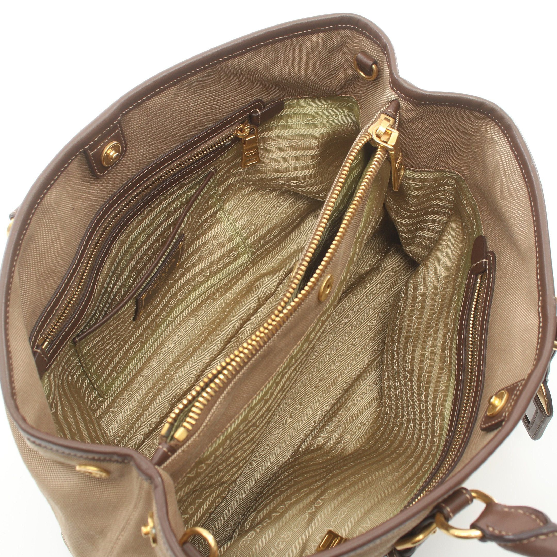 Prada Prada Logo Jacquard Handbag Tote Bag Canvas Leather Khaki Beige Brown Size ONE SIZE - 3 Thumbnail