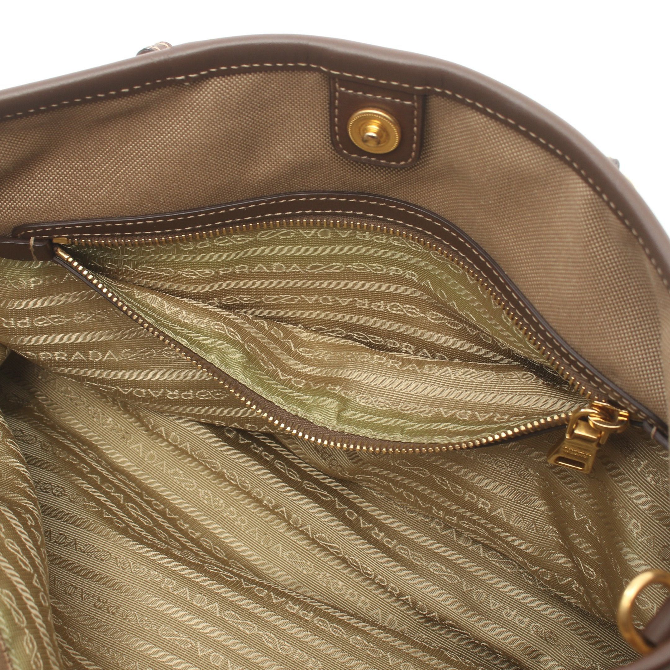 Prada Prada Logo Jacquard Handbag Tote Bag Canvas Leather Khaki Beige Brown Size ONE SIZE - 7 Thumbnail