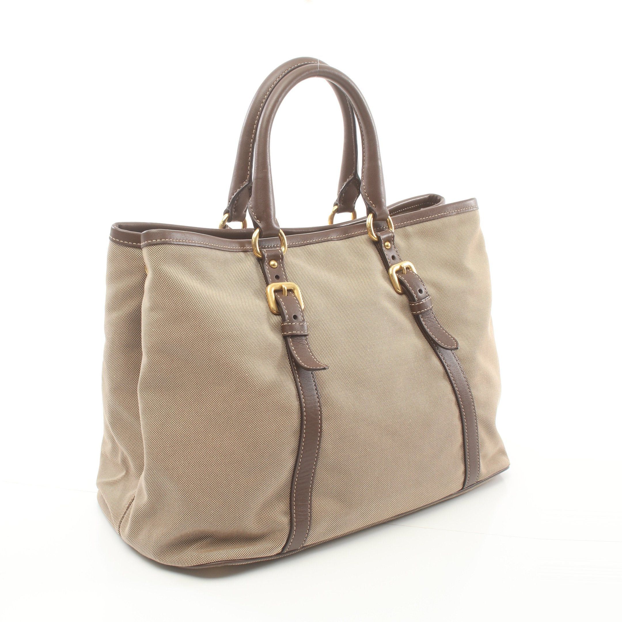 Prada Prada Logo Jacquard Handbag Tote Bag Canvas Leather Khaki Beige Brown Size ONE SIZE - 2 Thumbnail