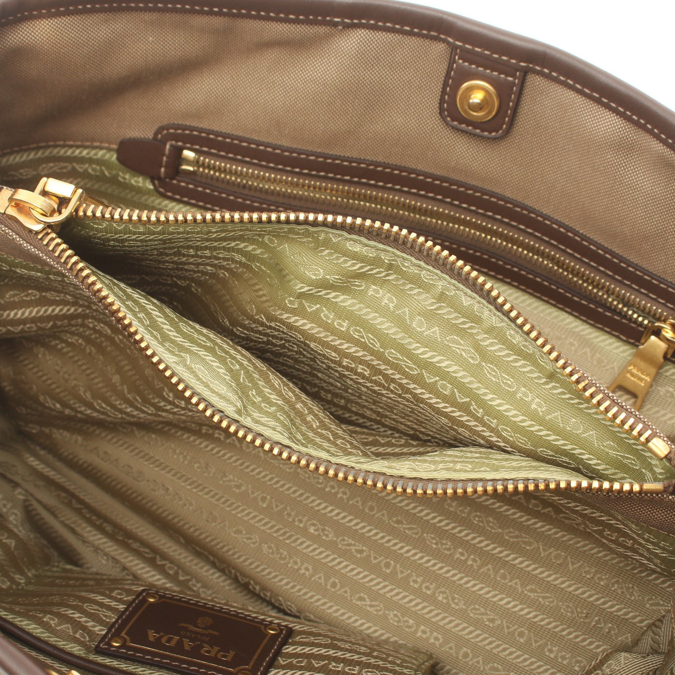 Prada Prada Logo Jacquard Handbag Tote Bag Canvas Leather Khaki Beige Brown Size ONE SIZE - 6 Thumbnail