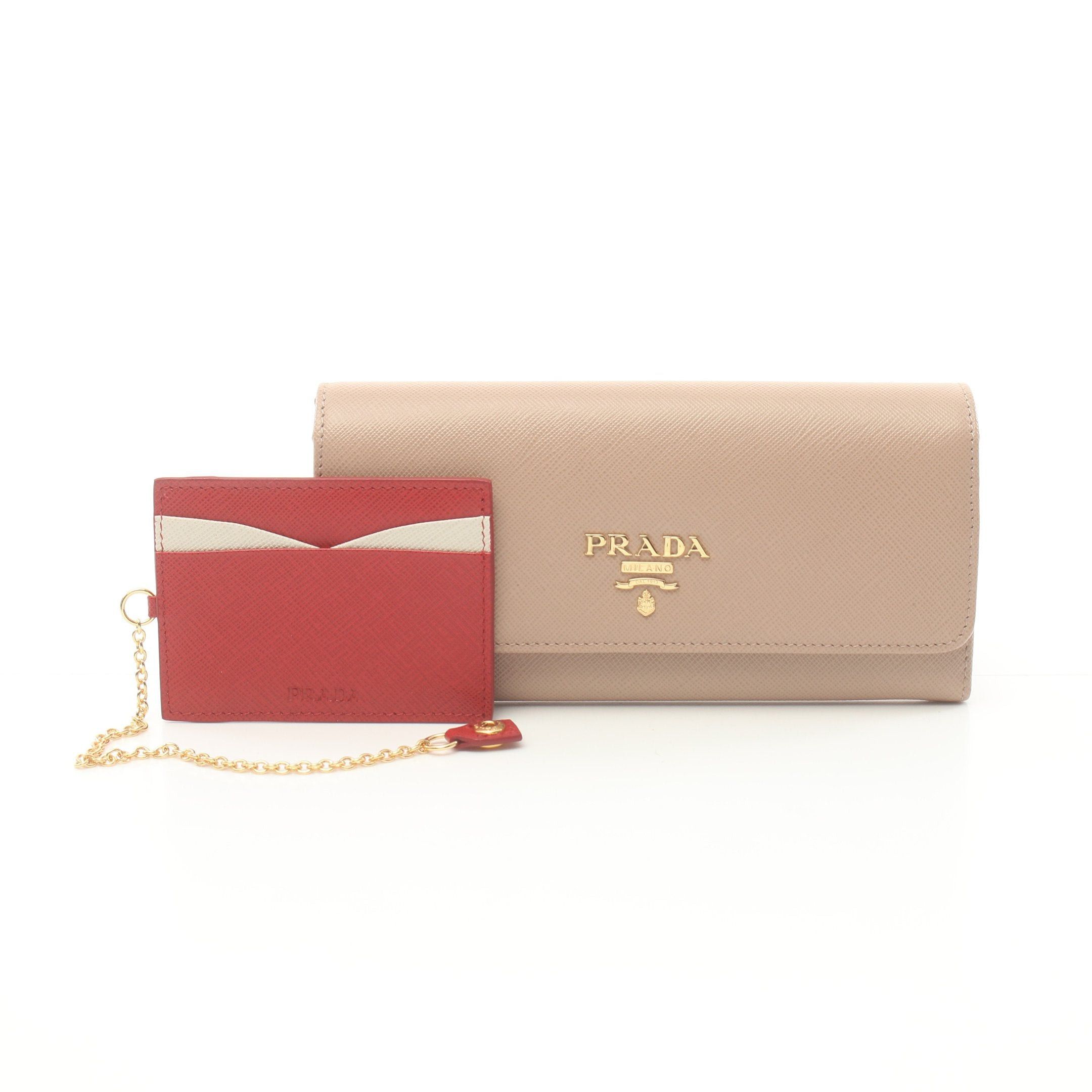 Prada Prada Saffiano Multic Bi-Fold Long Wallet Leather Beige Red Size ONE SIZE - 5 Thumbnail
