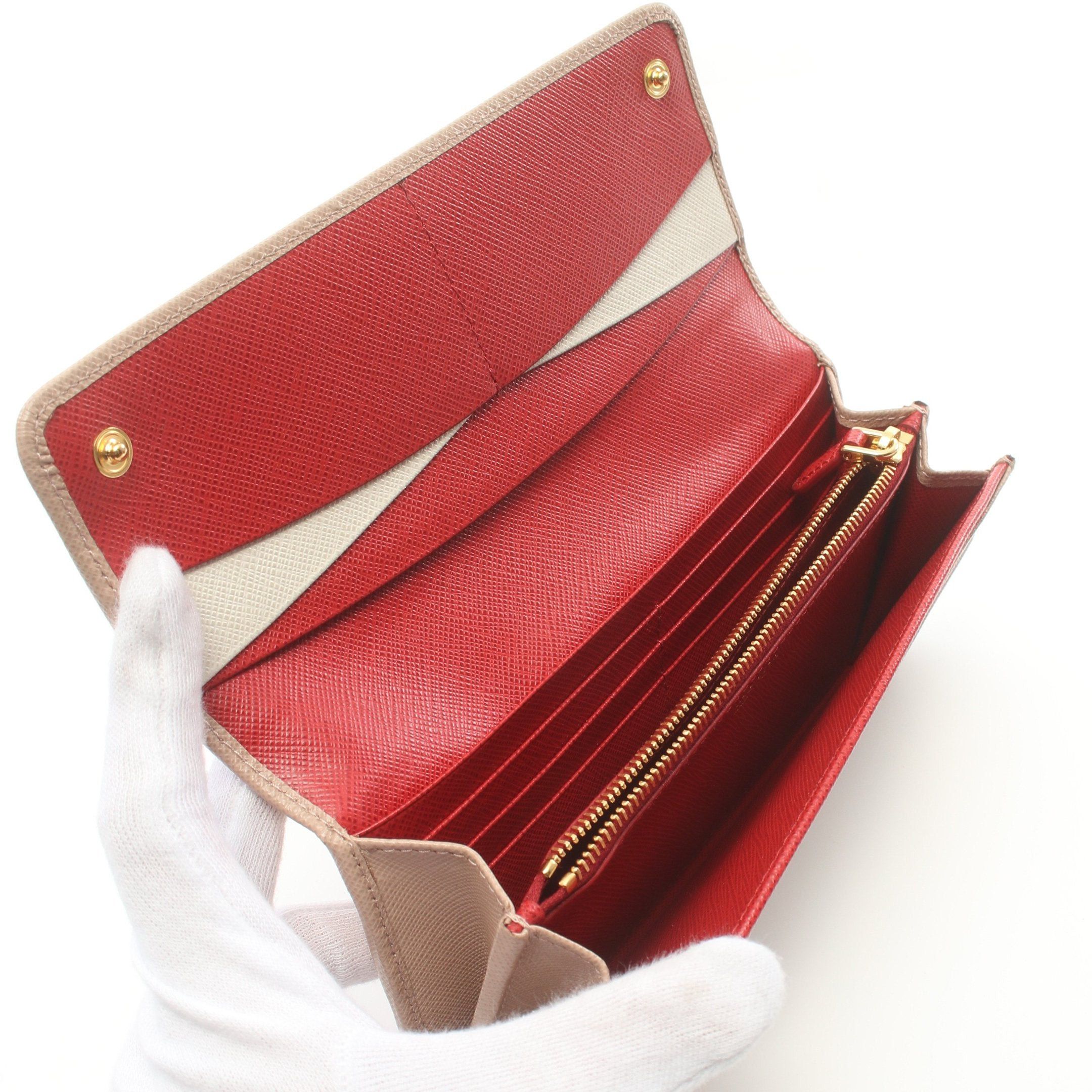 Prada Prada Saffiano Multic Bi-Fold Long Wallet Leather Beige Red Size ONE SIZE - 3 Thumbnail
