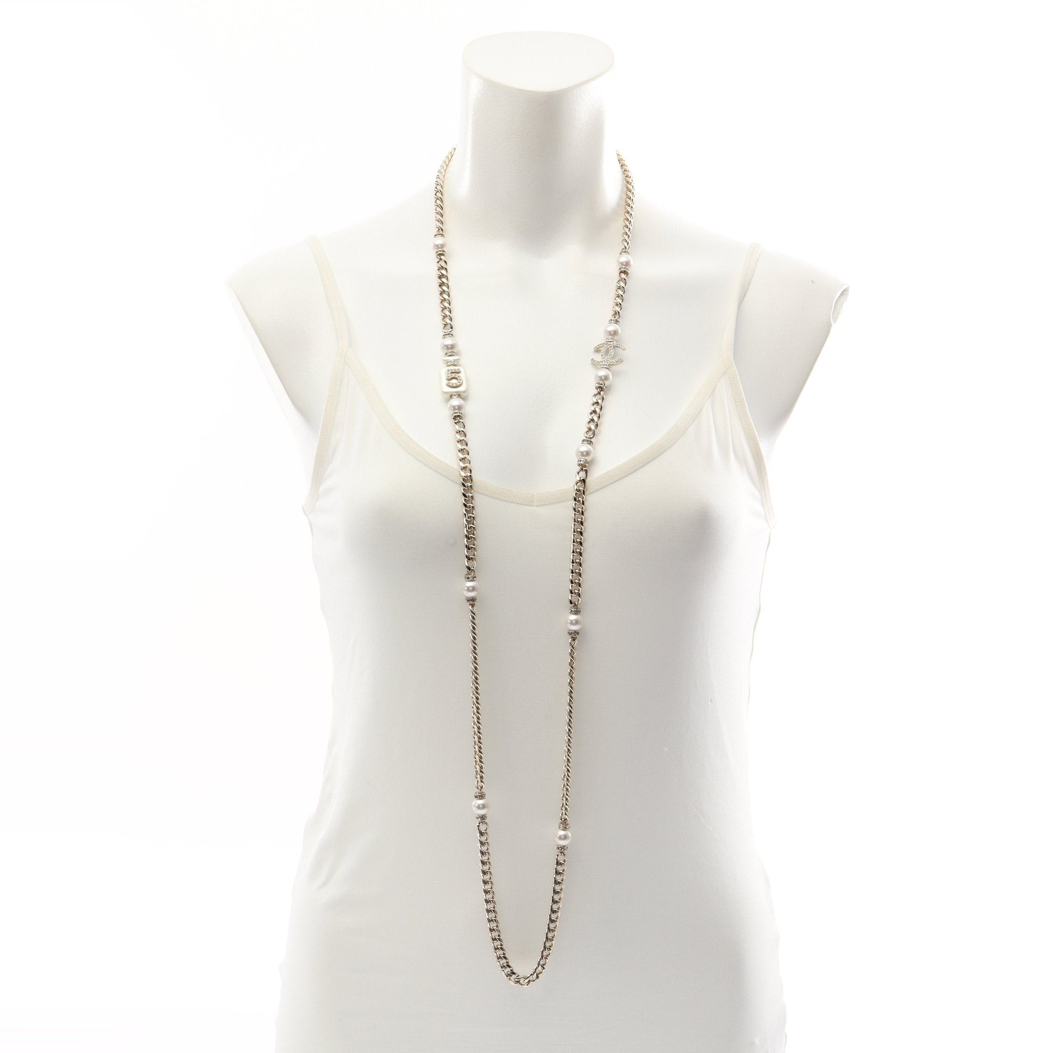 Chanel Chanel Coco Mark Long Necklace Gp Fake Pearl Rhinestone Champagne Gold Off White Clear A22S Size ONE SIZE - 4 Thumbnail