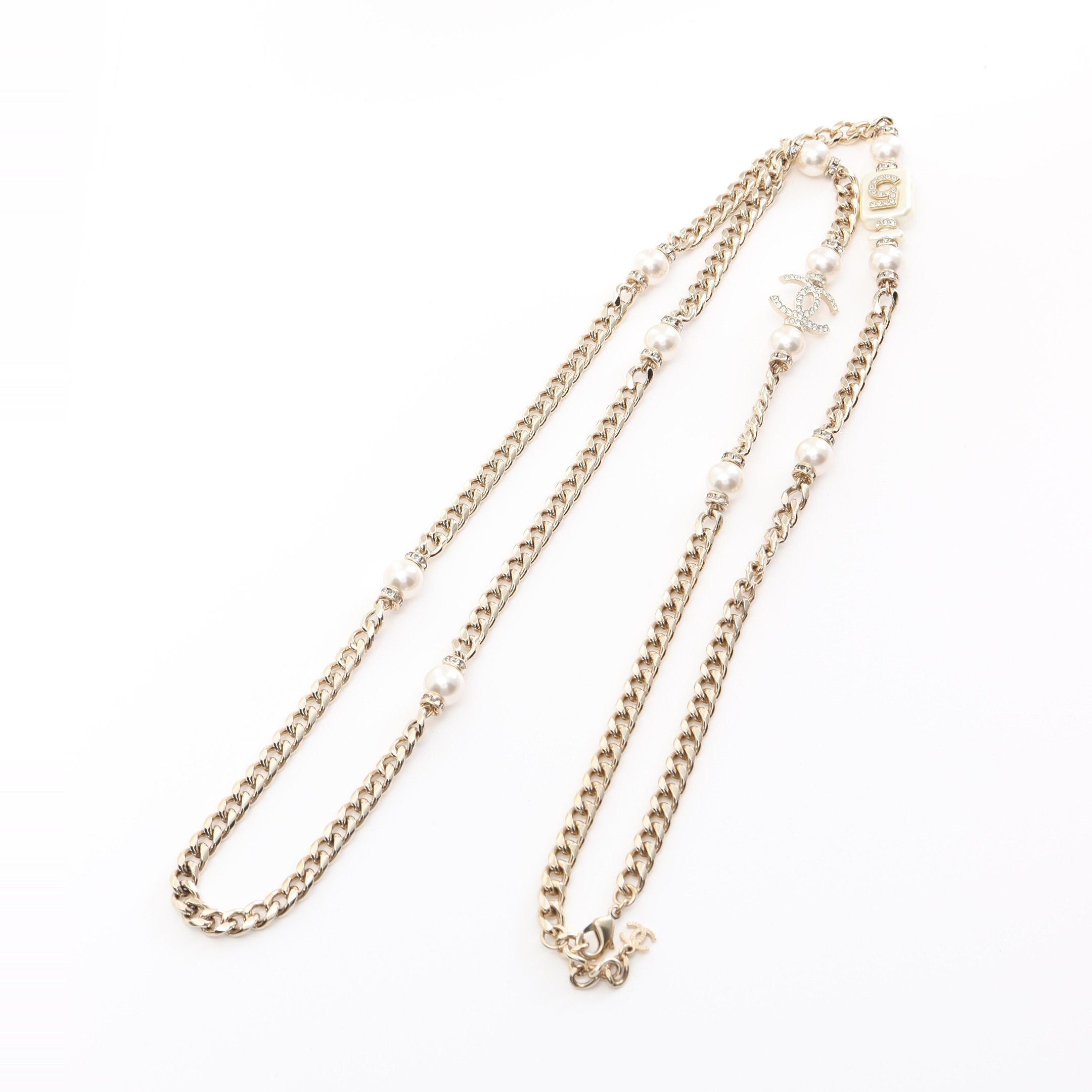 Chanel Chanel Coco Mark Long Necklace Gp Fake Pearl Rhinestone Champagne Gold Off White Clear A22S Size ONE SIZE - 2 Thumbnail