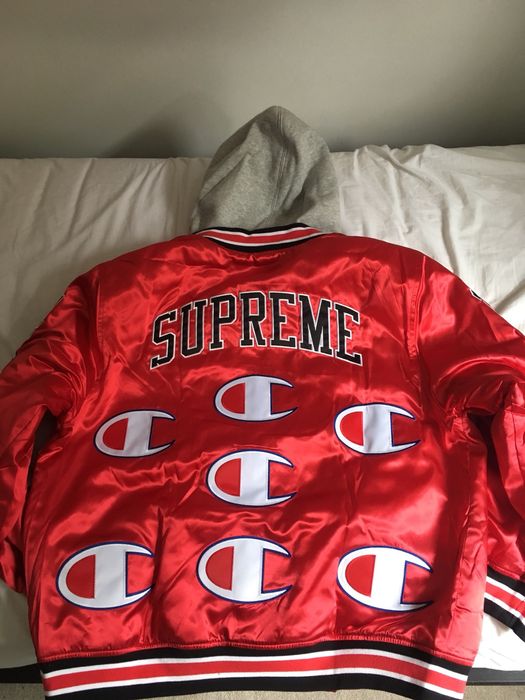 Supreme Supreme/Champion Satin Jacket ❤ liked on Polyvore featuring  outerwear, jackets, men, satin jackets, red satin ja…