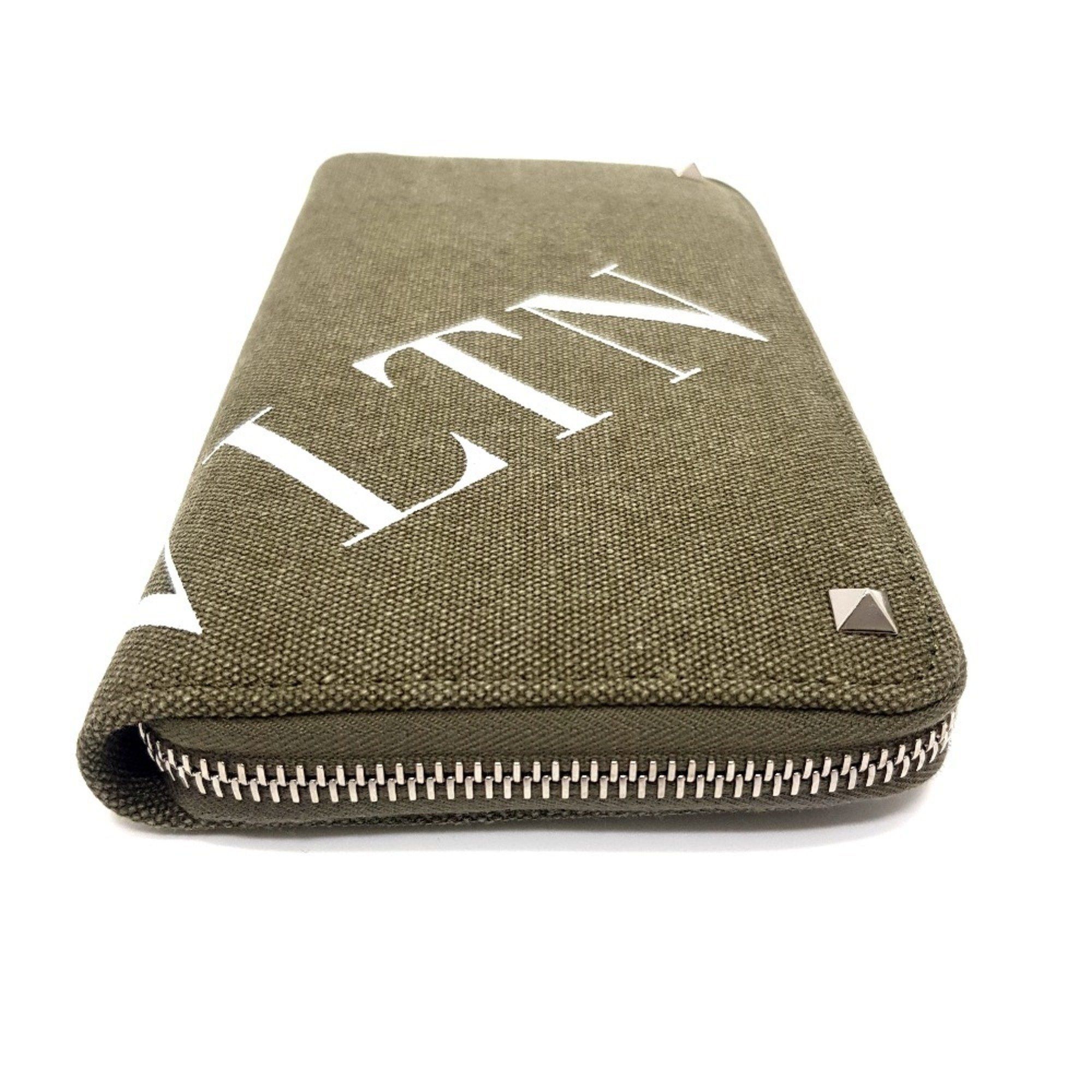Valentino Valentino Garavani Studded VLTN Print Round Long Wallet Canvas x Leather Men's Women's Khaki White Size ONE SIZE - 2 Thumbnail