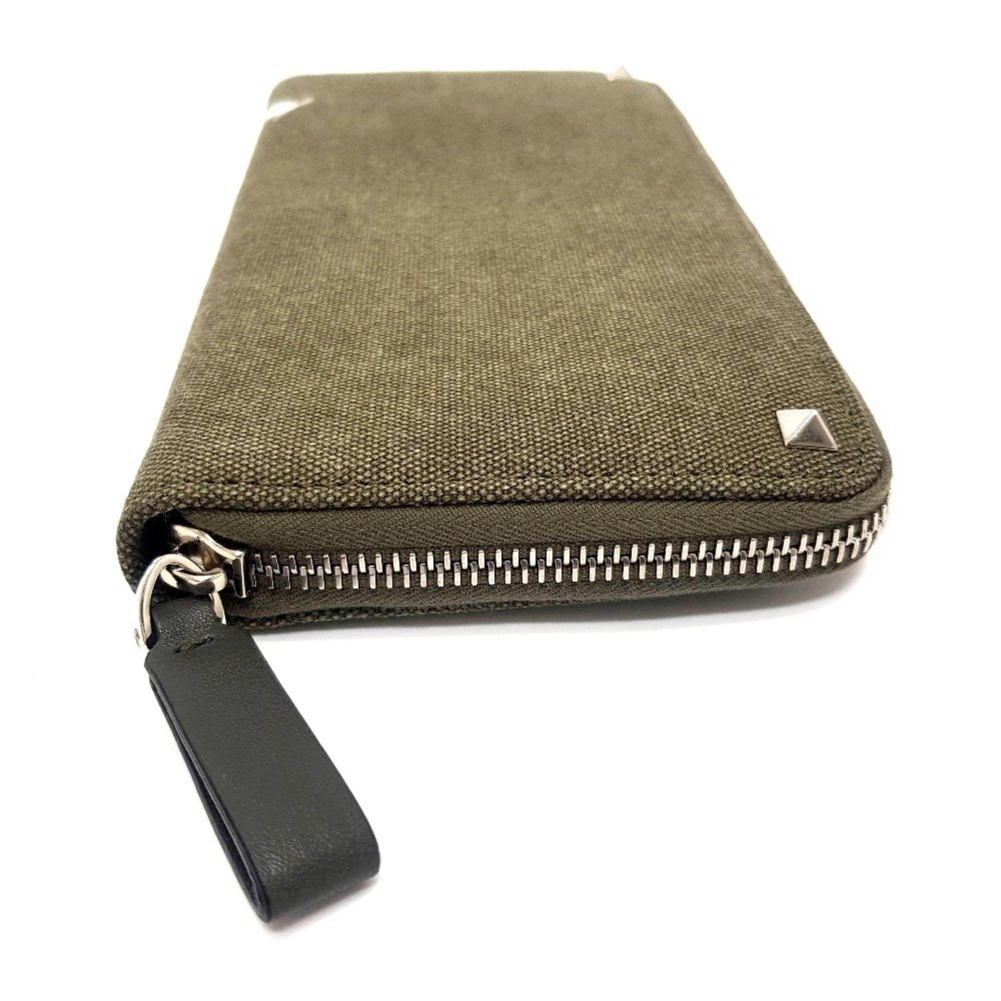Valentino Valentino Garavani Studded VLTN Print Round Long Wallet Canvas x Leather Men's Women's Khaki White Size ONE SIZE - 3 Thumbnail