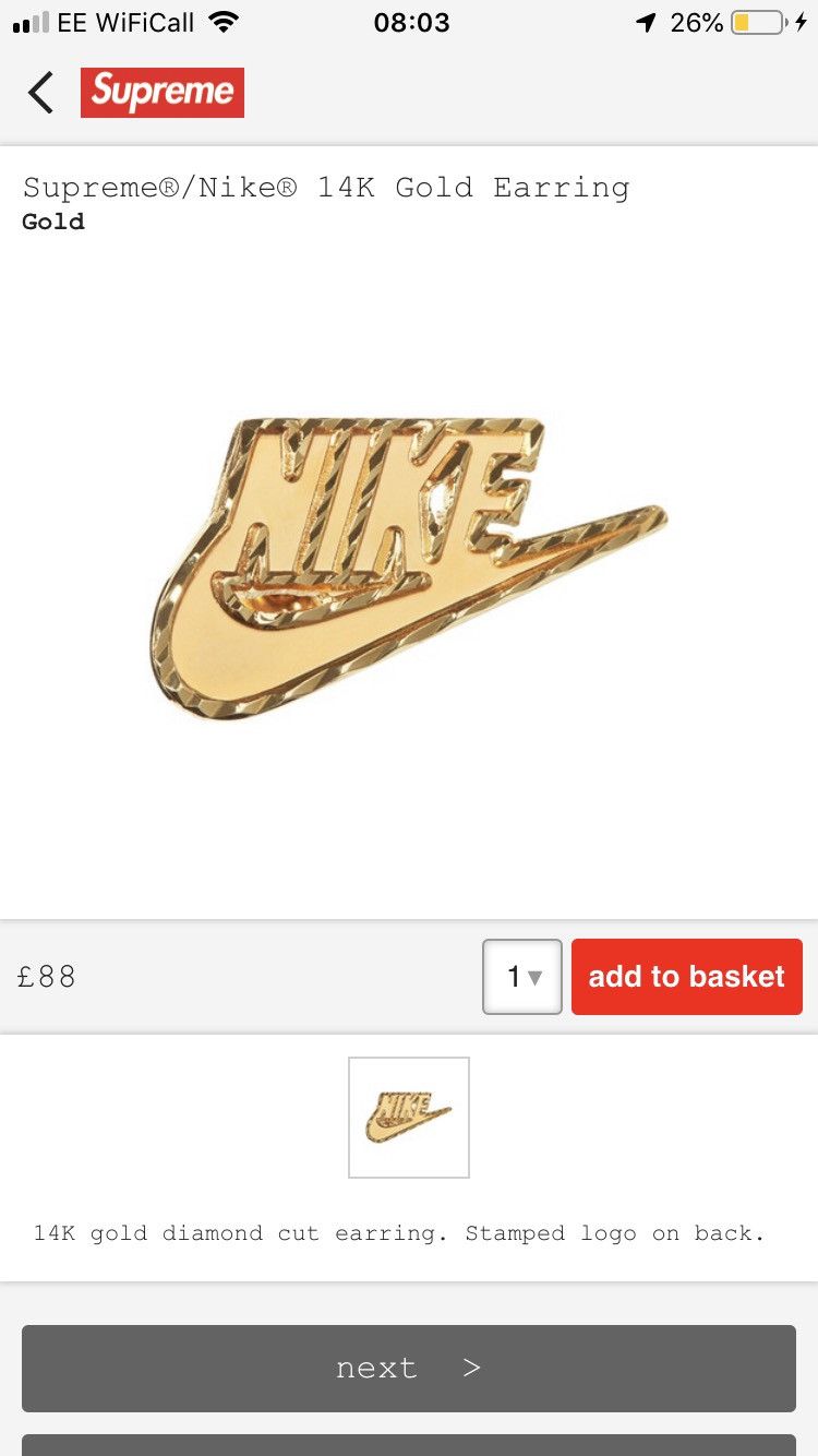 Supreme nike 14k gold earring discount
