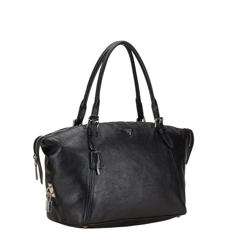 Prada Prada Prada Leather Triangle Logo Plate Boston Bag Handbag Black Leather Handbag in Very Good Condition Size ONE SIZE - 2 Thumbnail