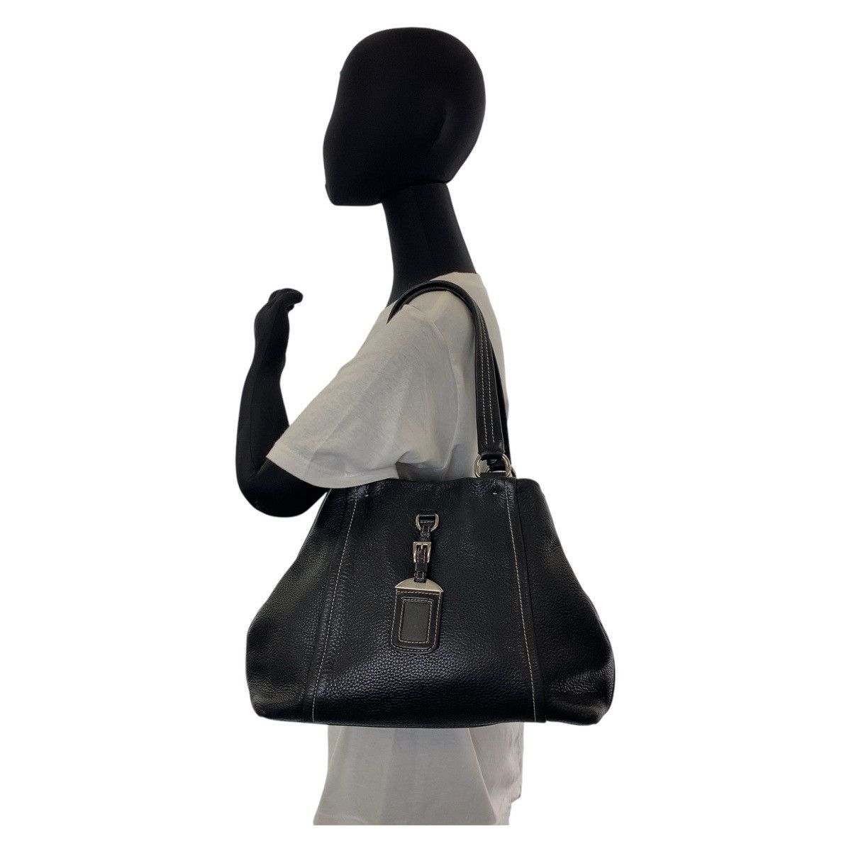 Prada Prada Prada Black Leather Tote Shoulder Bag with Name Tag and Silver Hardware Leather Tote Bag in Very Good Condition Size ONE SIZE - 9 Thumbnail