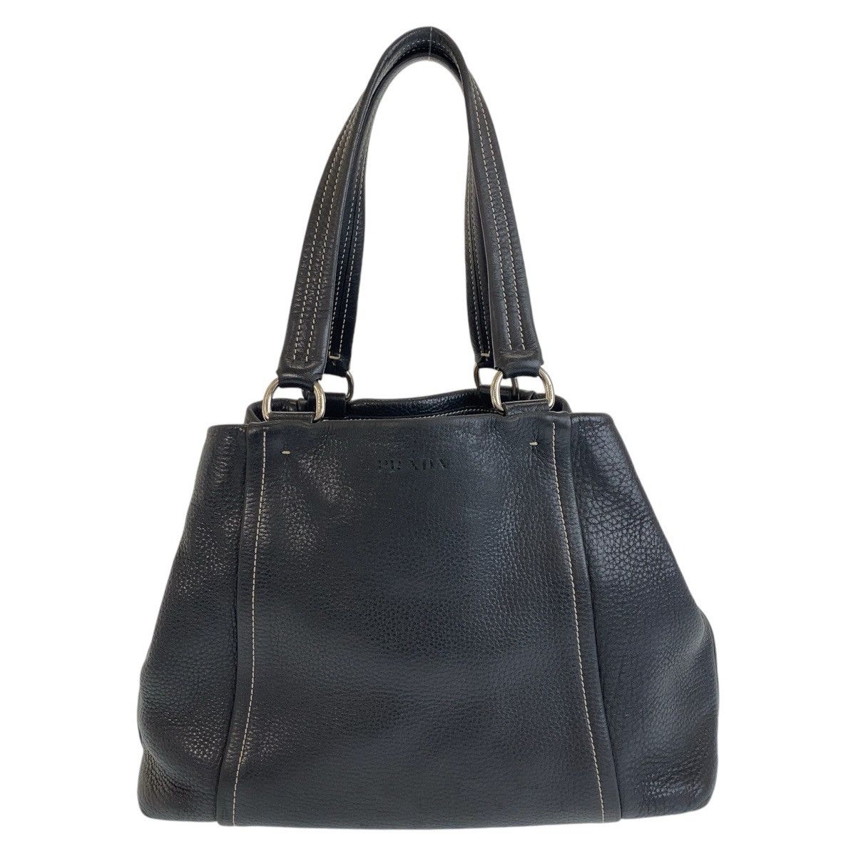 Prada Prada Prada Black Leather Tote Shoulder Bag with Name Tag and Silver Hardware Leather Tote Bag in Very Good Condition Size ONE SIZE - 2 Thumbnail
